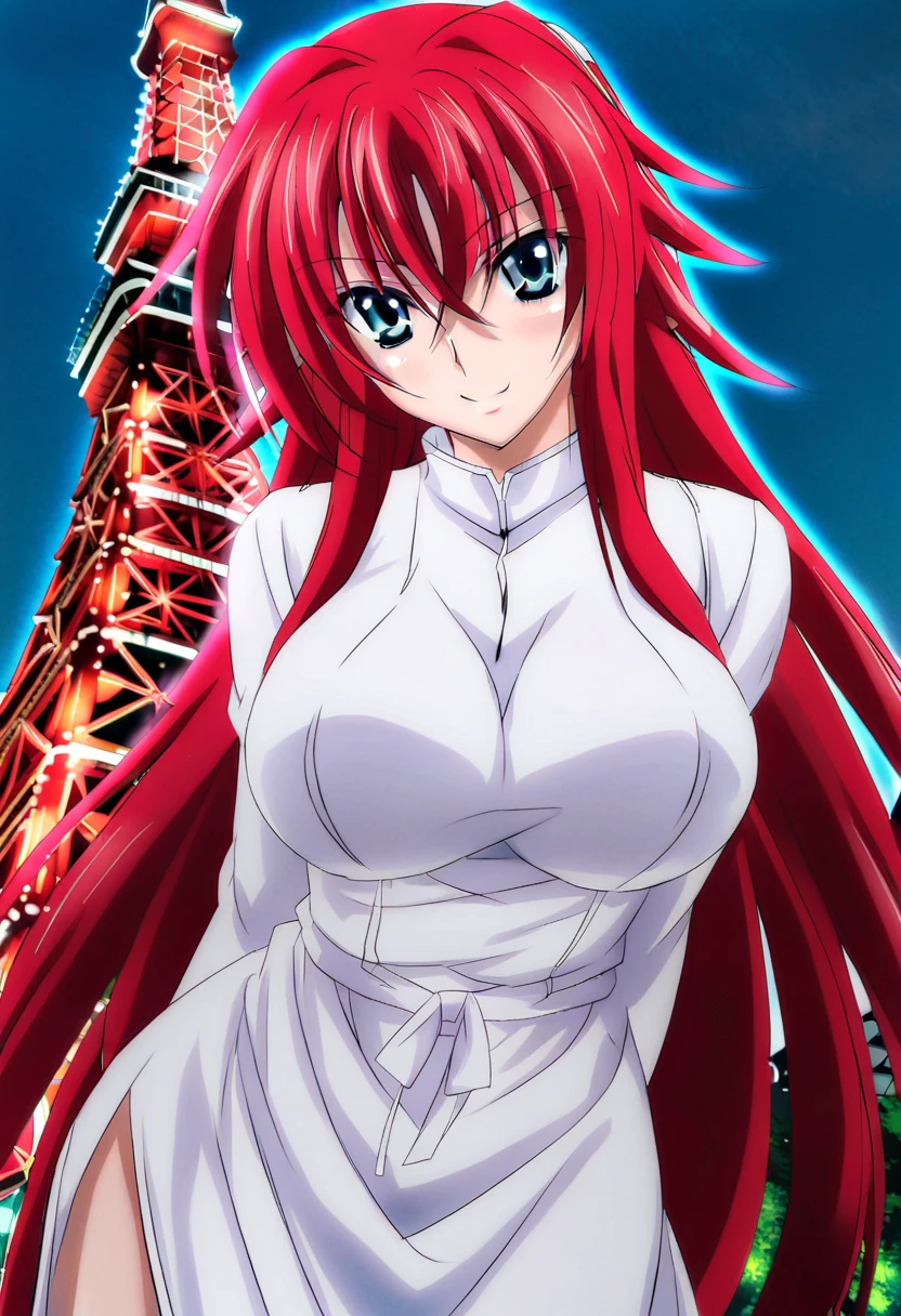 sysdeep_rias, 1girl, solo, looking_at_viewer, blue_eyes, large_breasts, hair_between_eyes, very_long_hair, red_hair, white_dress, long sleeve dress, tokyo tower, looking_behind, smile, looking at viewer,