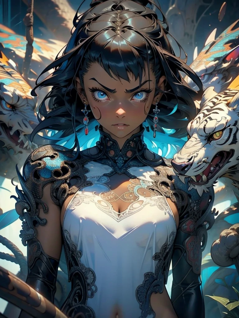 Cyberpunk woman with dark skin and blue eyes and short brown hair, wearing a loose white blouse and 8k swim shorts_ wallpaper,  extremely detailed eyes ,  extremely detailed body , extremely detailed finger, (great digital artwork), (Detailed manga  similar to Kemono ), (detailed art), ((perfect)) anatomy, Better hands)), ( intricate details:1.3), ( :1.3), (  similar to Kemono :1.3), (sharp focus:1.3), (  natural lighting :1.05), (vivid colors:1.3), model: break domain