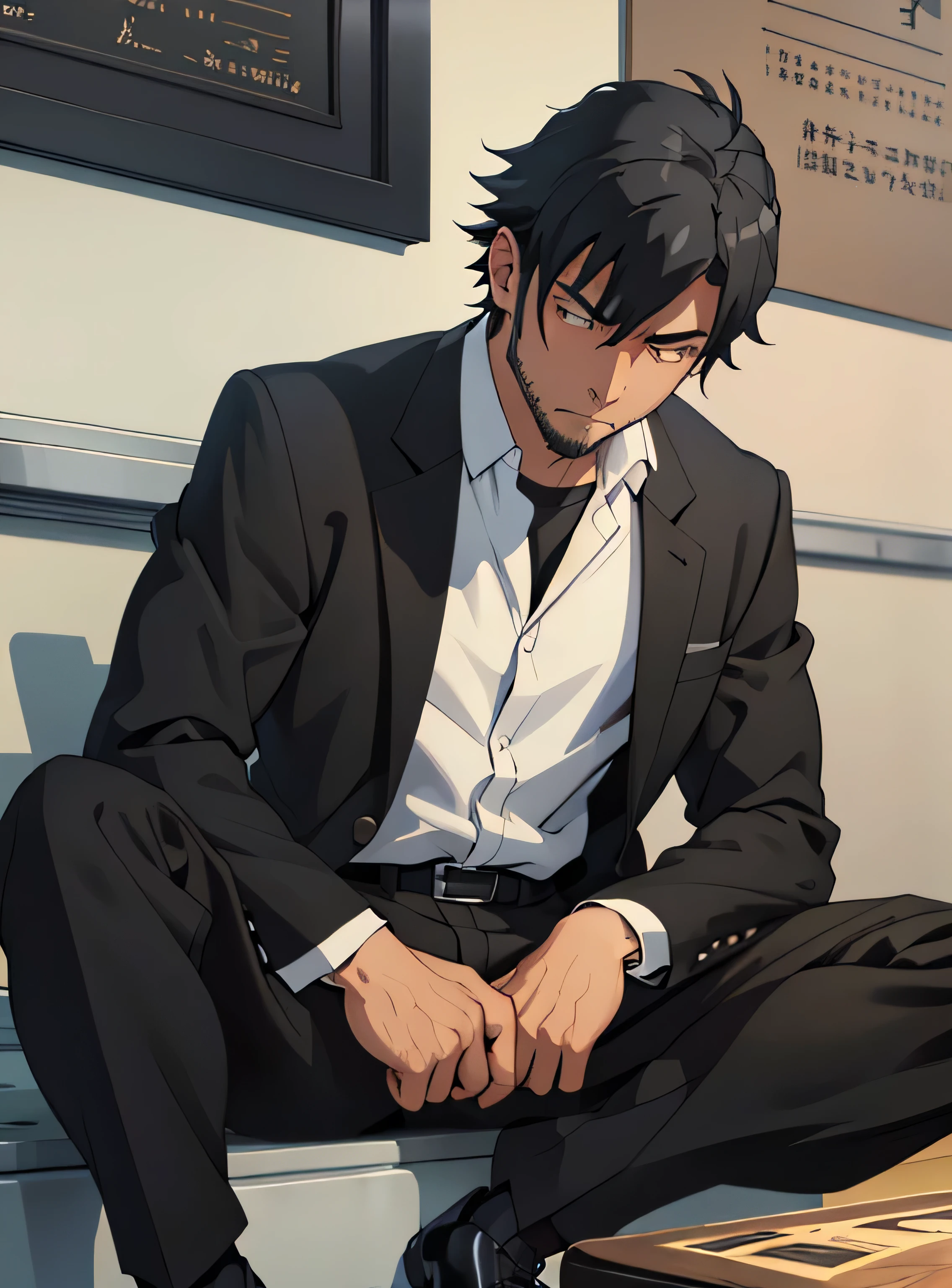 Age 30,father, Simple Black Single Suit ,  Sitting on the Ground  ,Spread your legs wider,black belt,Black socks,Black leather shoes, black tuxedo ,logic, Gay , black hair, Shorthair, thick eyebrows,Stubble, Lightly Set Your Hair with Wax , Hachiman Hachiman,Masculine,salaryman,Mob characters,Bad Actor , The crotch part of the pants is bulging, Erotic 3D Finish , Annoyed face,
