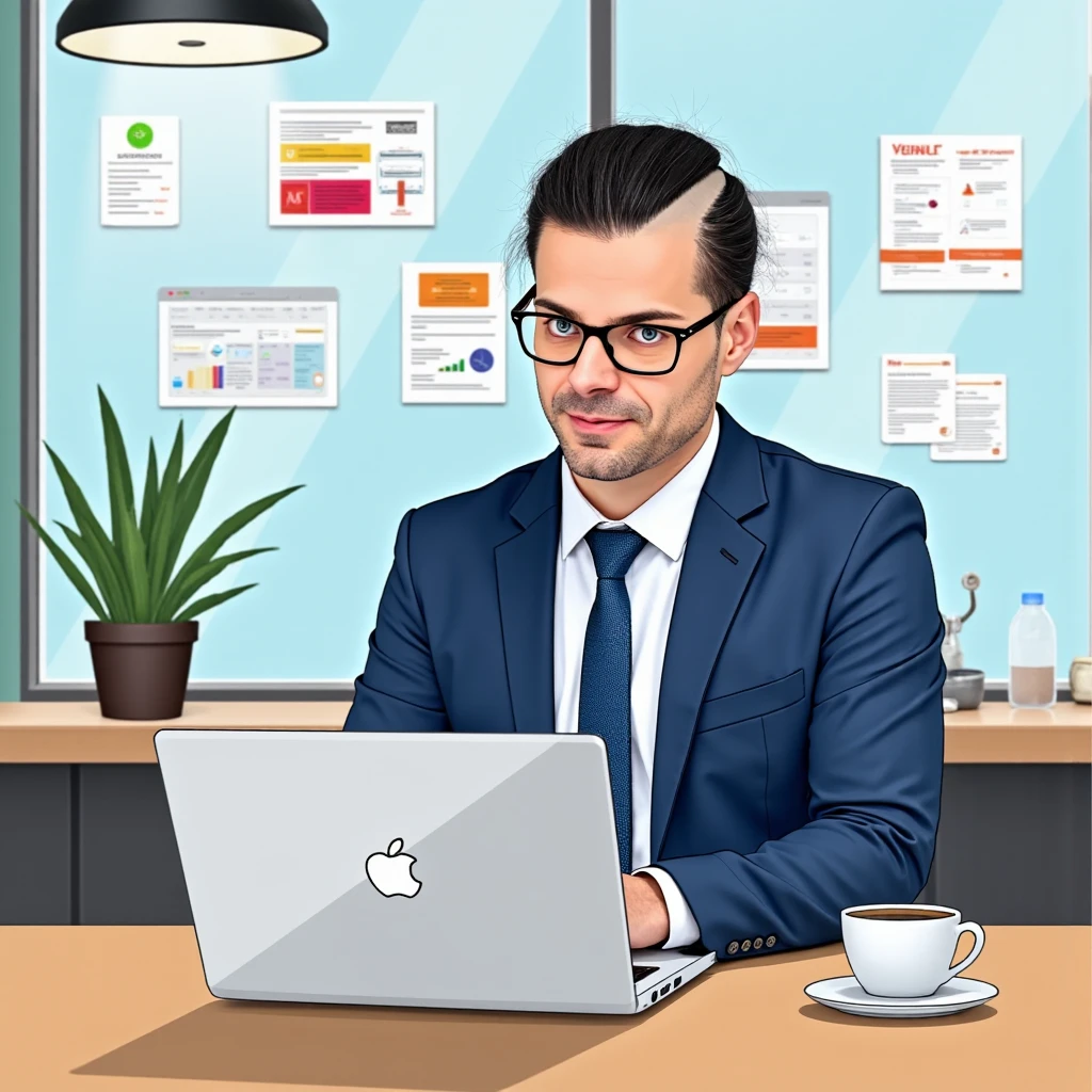 A comic-style pop-art illustration of a professional GM42 manager sitting at a desk in a modern office, focused on a MacBook Pro. The GM42 man has a Clean shaven, no beard or cheekbones, wears a sharp blue suit with a tie, and glasses, exuding confidence and competence. The workspace is vibrant and organized, with colorful charts, job postings, and documents pinned to a glass wall behind him. A potted plant adds a touch of greenery, and a coffee cup sits on the desk next to the laptop. The lighting is bright and cheerful, emphasizing productivity and creativity in a visually appealing pop-art style.