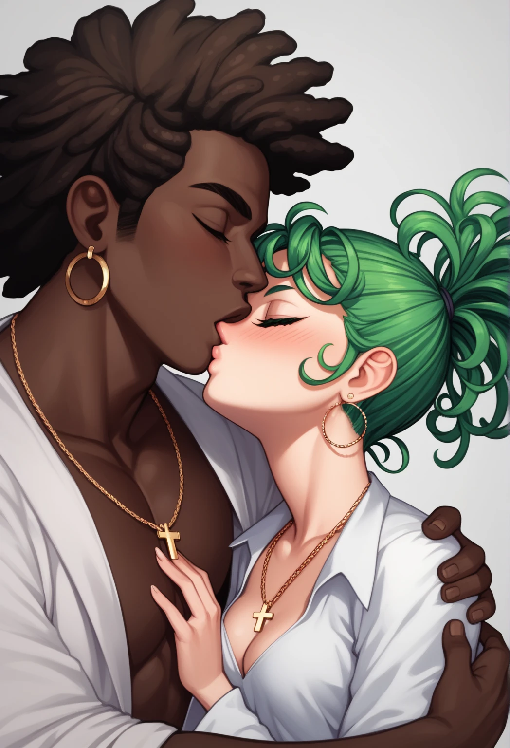 tatsumaki,green hair,curly hair,green eyes, long hair,small breast , Ponytail,
, earrings,hoop earrings,cross necklace,jewelry,poese, High Resolution, Masterpiece, High Quality, Bangs, Hair Over One Eye, cleavage, indoor,hotel,cowboy shot, blushing, incoming kiss, closed eyes, colarbone, 1boy, 1girl, kiss, couple, hetero male, tall male, interracial, very dark skin, african male, dark skinnend male, male with afro, blaick haired male,

