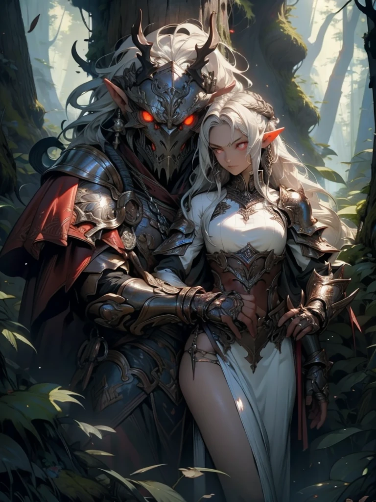  a giant titted girl,  long silver hair , Light red eyes,  leather armor , florete, The Dark Forest , sportrait,  pointy ears