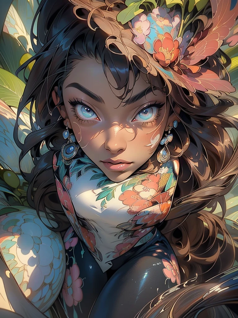 {Heavenly tones , praise, bright aura, oil gloss, ,  black girl in a cropped top and loose jeans,  big and beautiful eyes } Alone (((  perfect dark skin tone ,  perfect and flawless face ,  highly detailed ,  dynamic pose ,  intricate shiny motifs , beautifully detailed floral organic tracery,  perfect composition ,  digital painting , ArtStation, conceptual art, suave, sharp focus,  similar to Kemono , Carne Griffiths, Pixar, Victor Ngai, Jean Baptiste Monge, beautiful,  perfect eyes,  full lips , 8k,  Best Quality , Full shot )))