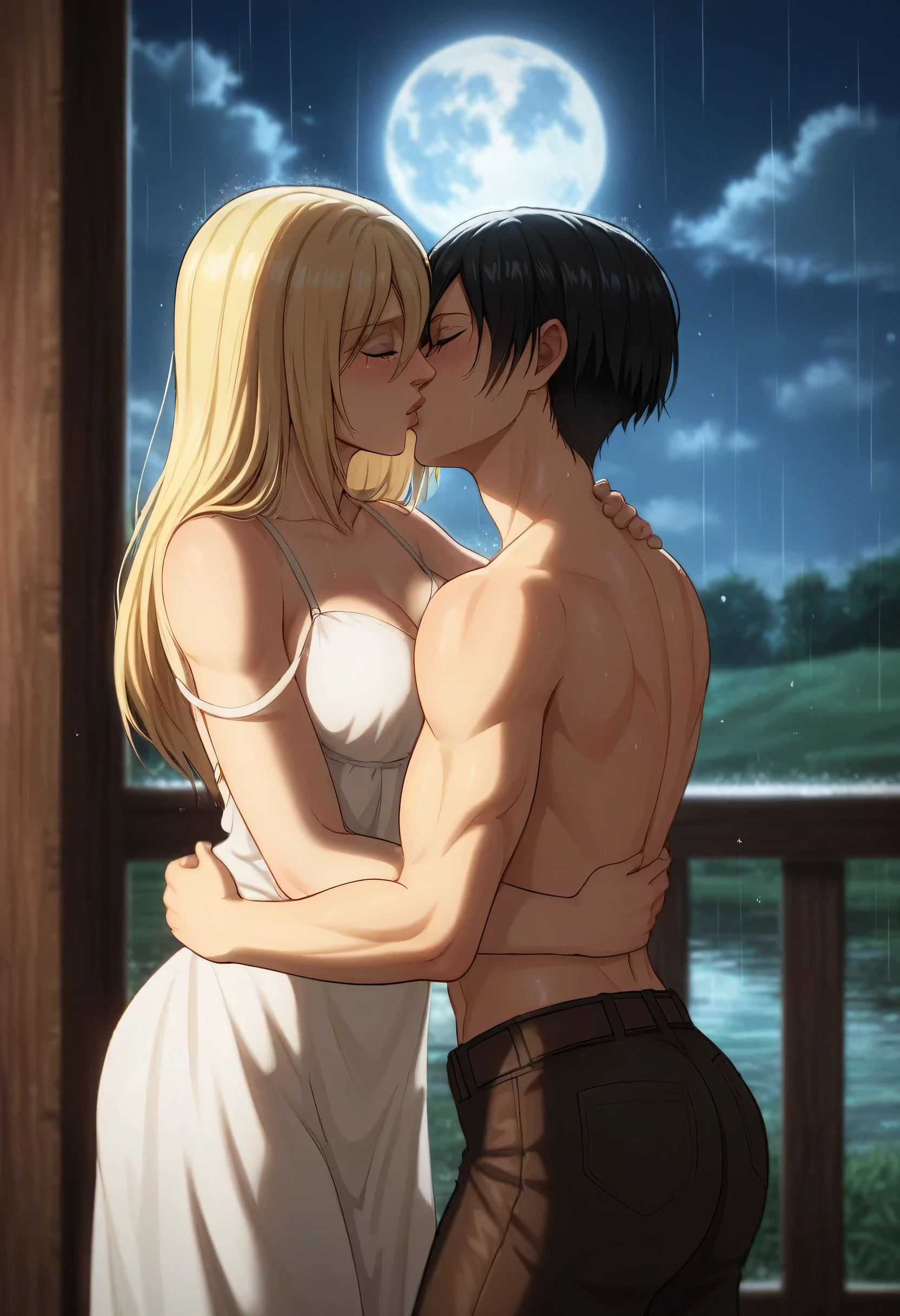 score_9, score_8_up, score_7_up, BREAK source_anime, historia reiss, blue eyes, blonde hair, long hair, medium breasts, long white dress sleeveless,female black hair soldier hugs historia,Mikasa with historia hugs,mikasa wreanig open green jacket and black combat pants,Mikasa female with short hair,mikasa female medium breasts,eyes closed,in night,moon in sky,mikasa final season,mikasa,Mikasa hugs historia،mikasa femboy,mikasa final season,historia blonde hair,hugs and kissing,mikasa carrying historia and kissing her,Mikasa lifts Historia up and kisses her.in middle night,raining outside,mikasa final season,girls kissing,girl×girl,lesbians,yuri,romantic wallpapers,historia sitting on mikasa and kissing her,Mikasa in both hands touch historia ass, raining,wet body's,water dropped on mikasa and historia body's,mikasa final season design,character's from season 4,historia crying while kissing mikasa,crying both,one of Historia hands touch mikasa abs,romantic kissing,mikasa abs appear in her open jacket,historia blonde long hair skinny and soft and cute body,mikasa lean muscles body,mikasa pixie cut hairstyle,perfect generates,rings marriage 💑 on character's hands