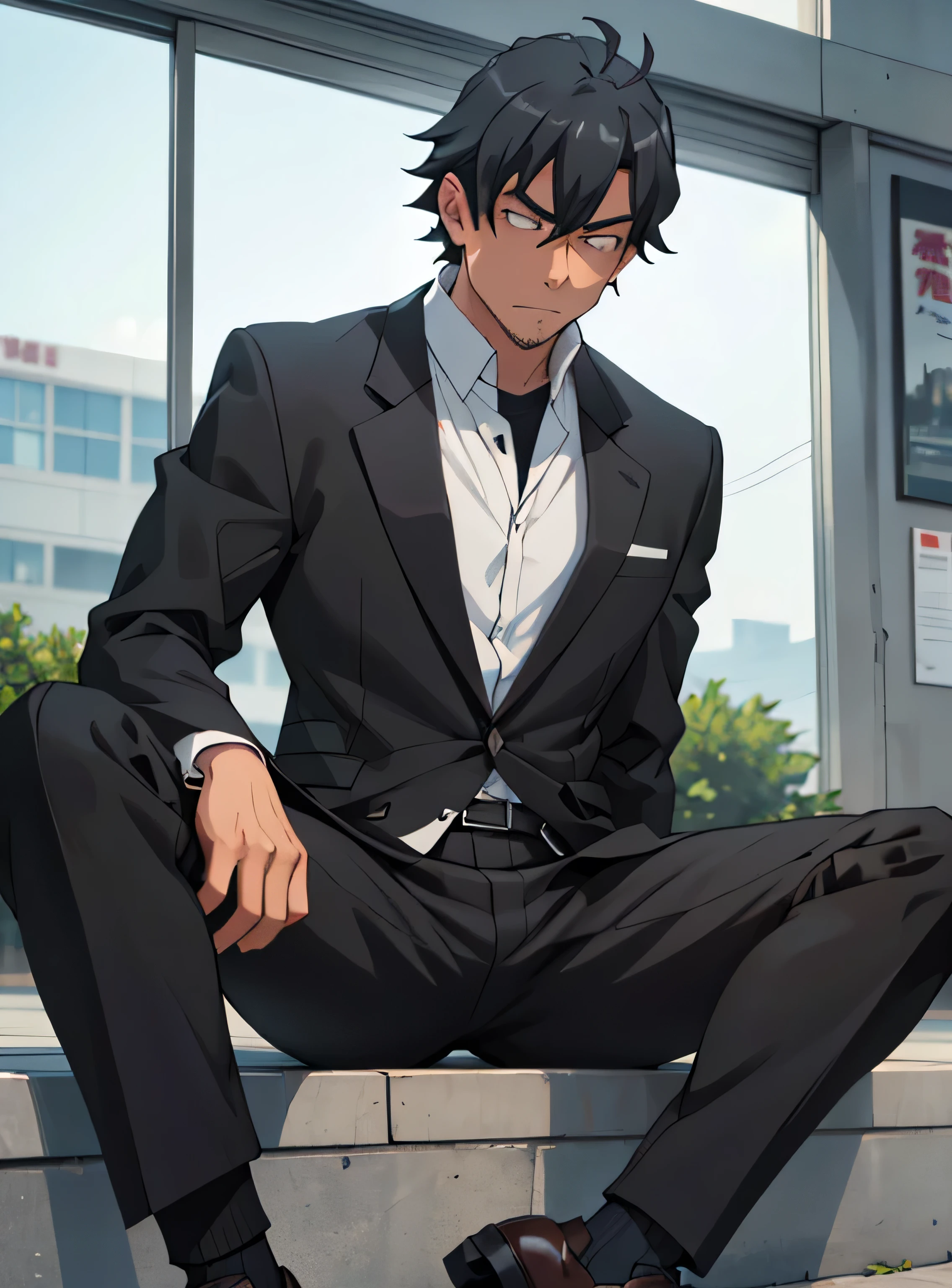 Age 30,father, Simple Black Single Suit ,  Sitting on the Ground  ,Spread your legs wider,black belt,Black socks,Black leather shoes, black tuxedo ,logic, Gay , black hair, Shorthair, thick eyebrows,Stubble, Lightly Set Your Hair with Wax , Hachiman Hachiman,Masculine,salaryman,Mob characters,Bad Actor , The crotch part of the pants is bulging, Erotic 3D Finish , Annoyed face,