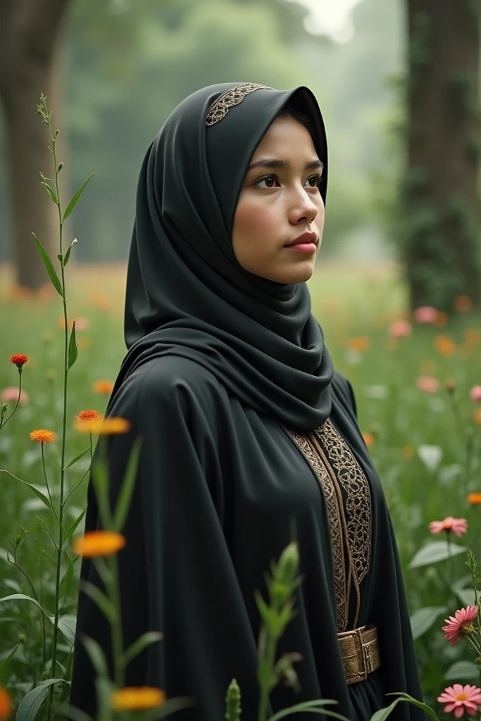 A female tree spirit with full hijab and she has light brown skin and she is leaning on her willow tree and she had a soft green aura around her
