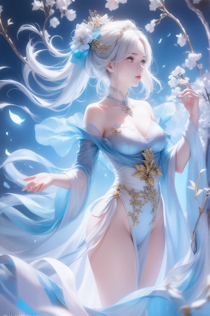 (masterpiece:1.5, best quality, Very detailed、 Hook of Holland、Semi-realistic、fantasy)(A girl, Solitary)(White and beautiful hair:1.4,,Long straight hair)(White Dress、fantasyの衣装)、((Off-shoulder、Middle chest、Ruby Necklace))(Beautiful cleavage、Legs wrapped in tights)(Beautiful starry sky、mystical night、Light particles floating around woman、fantasy space) Waiting to start