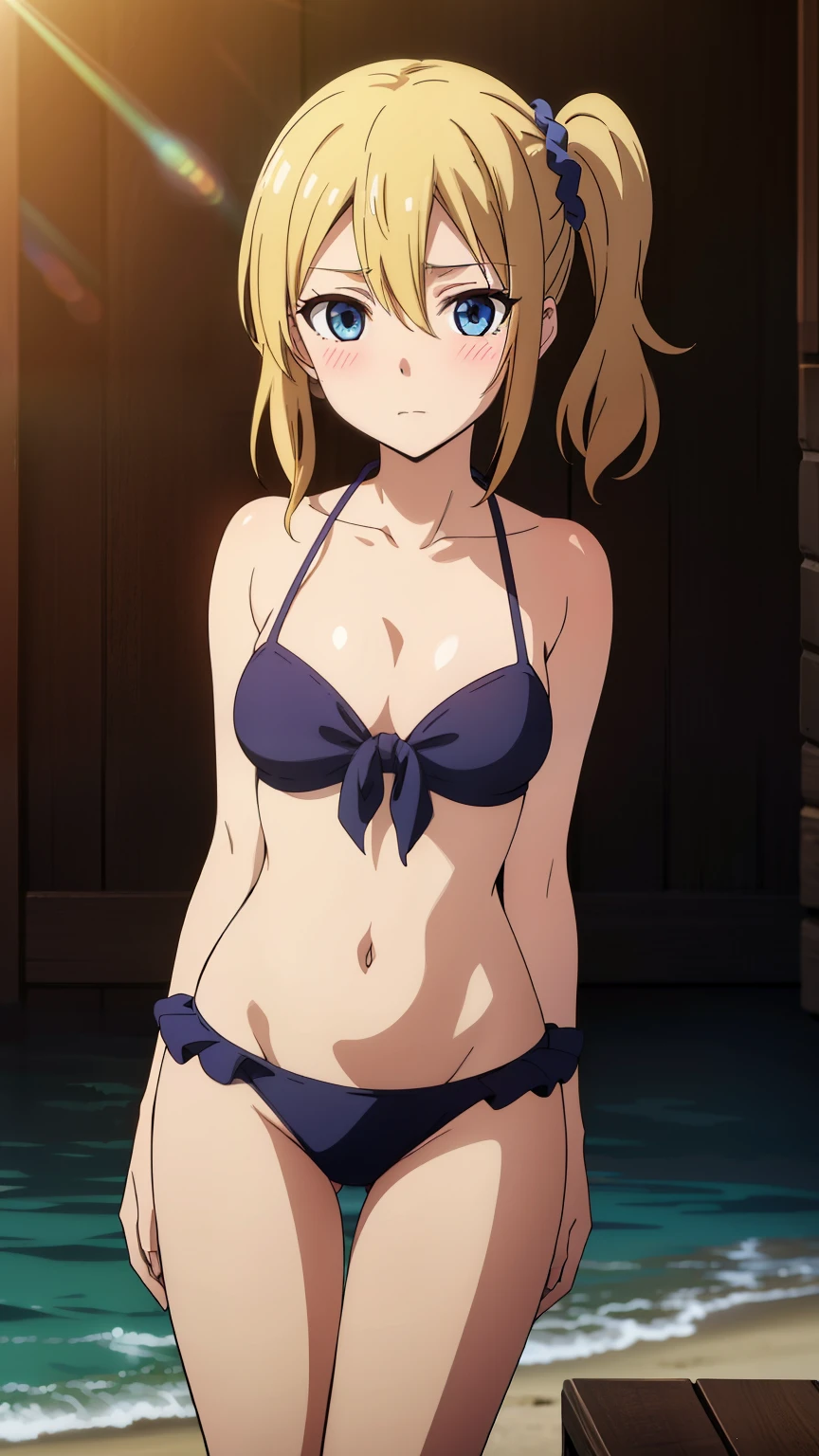 hayasaka, blonde hair, blue eyes, hair Scrunchie, side ponytail, Scrunchie, 1 girl, hair ornaments, alone, hair between eyes, (bikini, frills, beach, blushing),
beautiful Finger, Beautiful body, beautiful character design, perfect eyes, Perfect face, expressive eyes, looking at the viewer, Appear on knees, sexy pose, in the center of the image, official art,High Definition CG Unity, Perfect lit, bright_front_face_lit, (table top:1.0),(Highest_quality:1.0), 4k, Super detailed, photograph, 8K, nffsw, High resolution, absurd:1.2, kodak portrait 400, film grain, Lens flare, (lively_color:1.2), (cowboy shot:1.4),