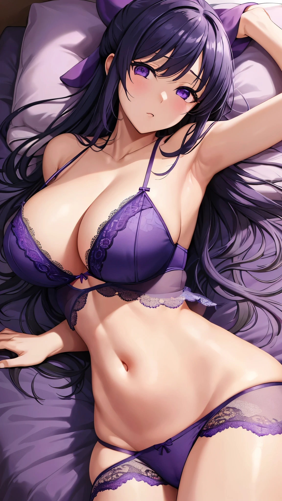 Ryuzoji Akane、 (  best quality) 、 (  best quality) 、(masterpiece)、(8k resolution),Beauty、(  looks like an adult )（  Perfect Style  ）、( Big Breasts )、 、Dark blue long hair、 purple ribbon 、  ecstasy look、（Get closer）、 Purple Lace Lingerie、Purple lace bra、  sexy pose 、  showing belly, sleep in bed、 open your mouth wide