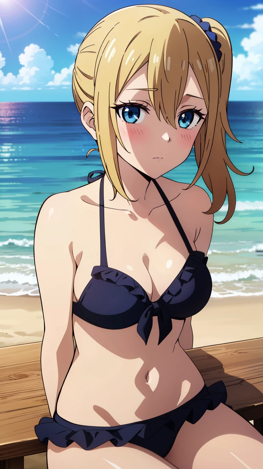 hayasaka, blonde hair, blue eyes, hair Scrunchie, side ponytail, Scrunchie, 1 girl, hair ornaments, alone, hair between eyes, (bikini, frills, beach, blue sky, sitting, blushing),
beautiful Finger, Beautiful body, beautiful character design, perfect eyes, Perfect face, expressive eyes, looking at the viewer, Appear on knees, sexy pose, in the center of the image, official art,High Definition CG Unity, Perfect lit, bright_front_face_lit, (table top:1.0),(Highest_quality:1.0), 4k, Super detailed, photograph, 8K, nffsw, High resolution, absurd:1.2, kodak portrait 400, film grain, Lens flare, (lively_color:1.2), (cowboy shot:1.4),  
