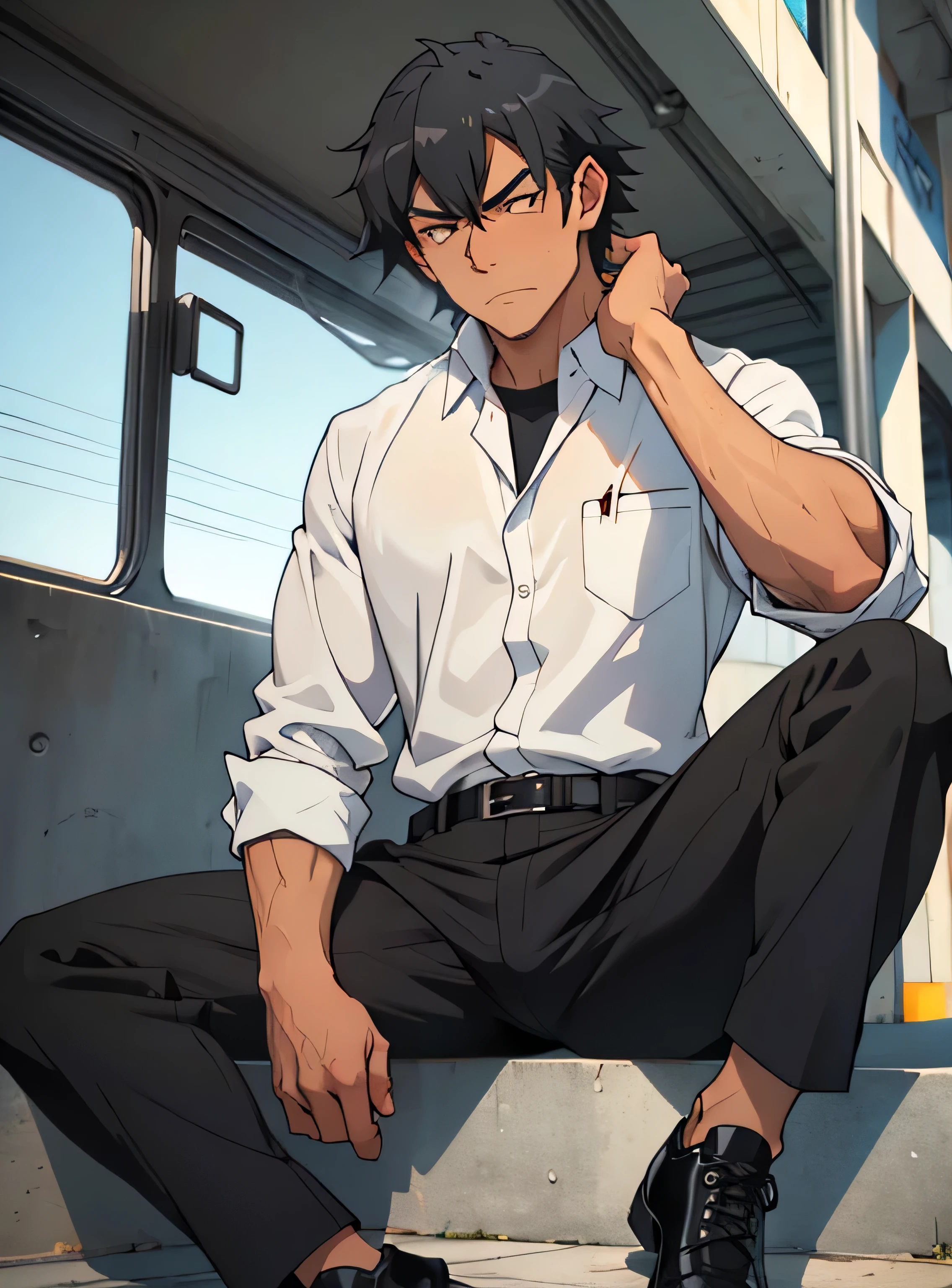 Age 30,father, Simple Black Single Suit ,  Sitting on the Ground  ,Spread your legs wider,black belt,Black socks,Black leather shoes, black tuxedo ,logic, Gay , black hair, Shorthair, thick eyebrows,Stubble, Lightly Set Your Hair with Wax , Hachiman Hachiman,Masculine,salaryman,Mob characters,Bad Actor , The crotch part of the pants is bulging, Erotic 3D Finish , Annoyed face,