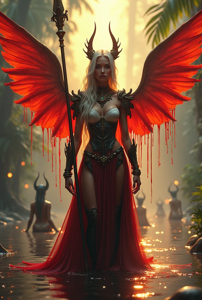 Animated  fairy in wearing magical Armor 
in a magical glittery forest, make really and much enhance cOlour  
And theme is reddish 
With horns 
Make adults girl
Make her devil type 

