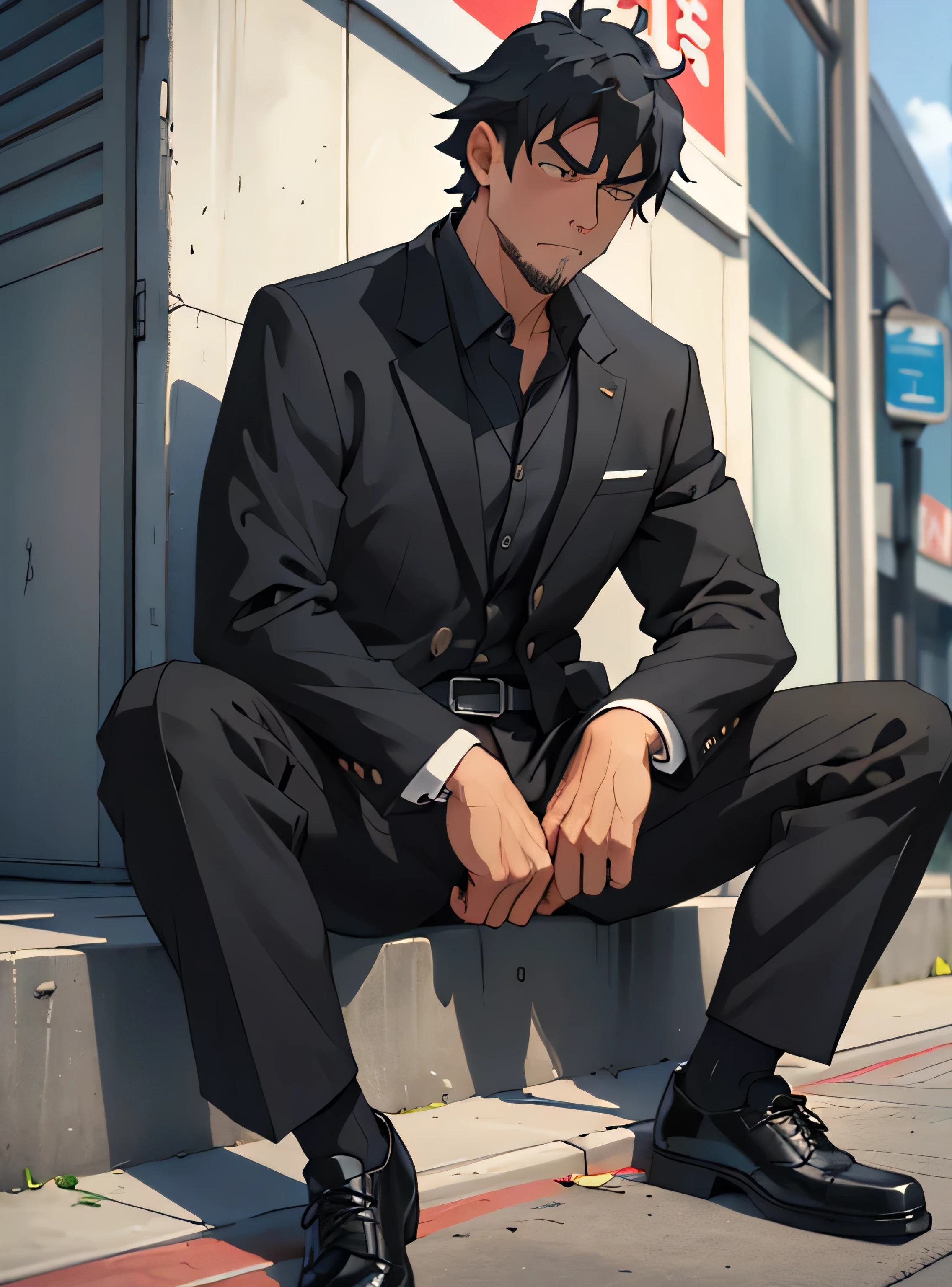 Age 30,father, Simple Black Single Suit ,  Sitting on the Ground  ,Spread your legs wider,black belt,Black socks,Black leather shoes, black tuxedo ,logic, Gay , black hair, Shorthair, thick eyebrows,Stubble, Lightly Set Your Hair with Wax , Hachiman Hachiman,Masculine,salaryman,Mob characters,Bad Actor , The crotch part of the pants is bulging, Erotic 3D Finish , Annoyed face,