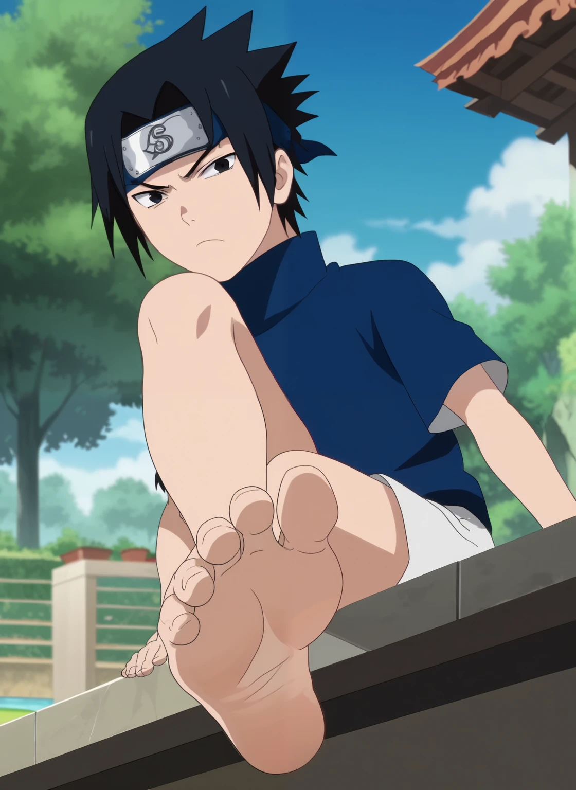 score_9, score_8_up, source_anime,
1boy, Sasuke Uchiha, black hair, short spiky hair, dark eyes, navy blue high-collar shirt, short sleeves, white shorts, alone, looking at viewer, serious expression, standing, cowboy shot, ANIME SCREENCAP, anime coloring, in a garden, barefoot, perfect feet, anatomically correct, soles, low angle, focal length 35mm, each foot has five toes, front, symmetrical soles, foot focus, sitting, crossed legs