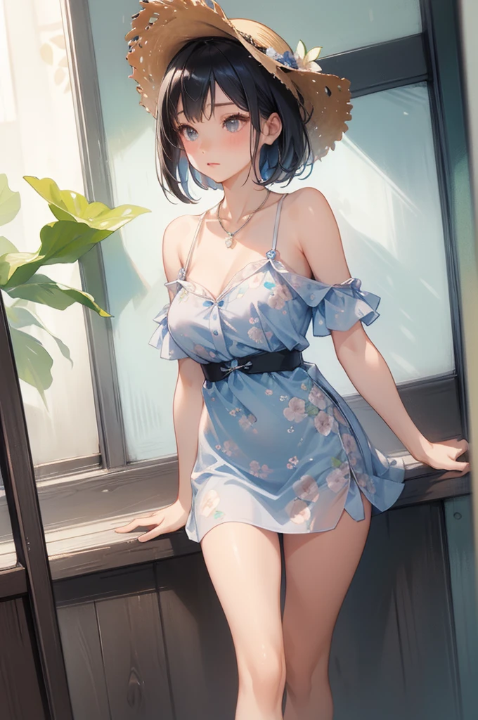 ((Highest quality)), ((masterpiece)), (detailed),, , Black Hair,(Childish face), (Bob Hair), Girl, big Breasts, topless, ((Blue eyes)),half-smile ,Sunlight, cowboy shot ,  , Thea Shirt, (arched back) , riverbank, flower garden,(See-through shirt),Thea Shirt,