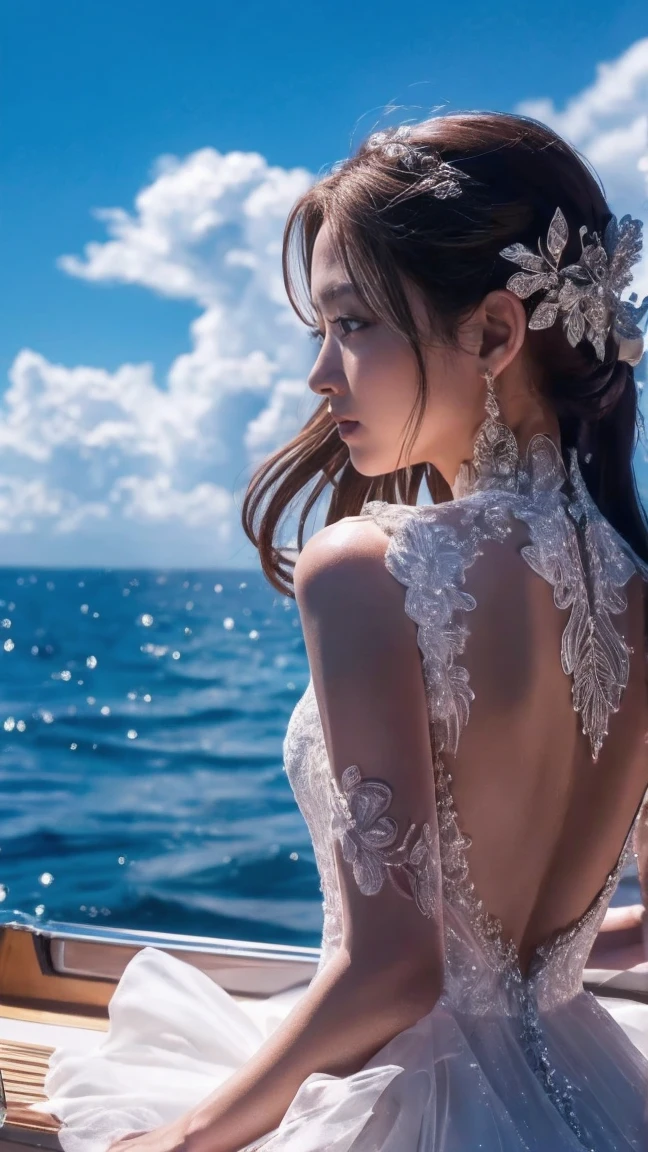  Boa Hancock , High quality face,  high detail, She leaned on the edge of the boat、 standing in a sexy pose ,  Blue sky and clouds , Facing forward picture . 