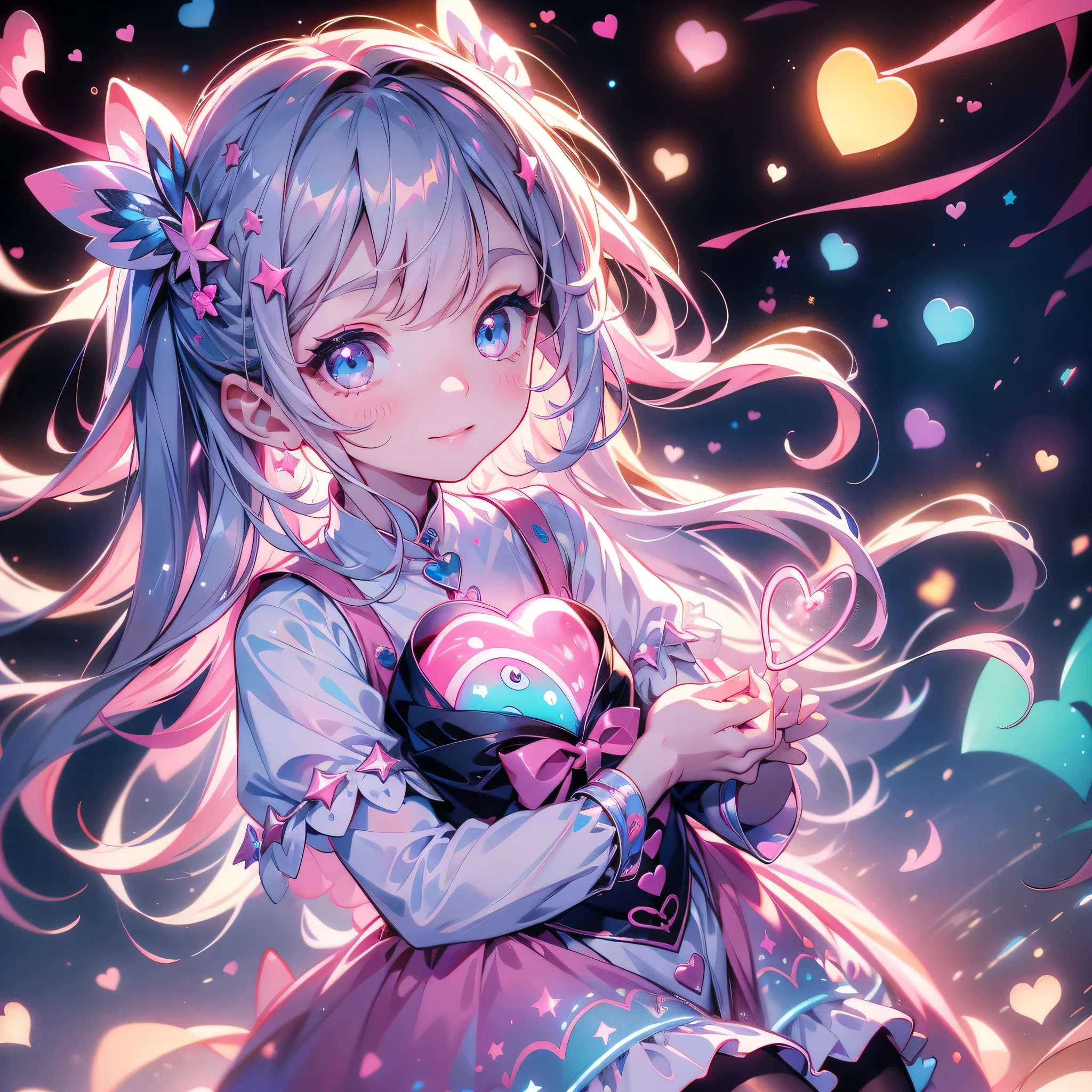 face close-up、 chocolate plate icon 、 holding a heart cushion 、 chibi、cute love fairy、cute、 pretty face、( beautiful eyes、 detailed eyes on board)、( Best Details 、The best configuration、 perfect anatomy)、Full body front、Front、 facing the viewer 、 one girl who is at ease, best quality 、masterpiece、official art、 super detailed、 VERY BEAUTIFUL、cupid、Gray Hair、 straight long hair、milky way、 universe、Star charm、Star、、 long boots, magic circle、houndstooth、smile、Magenta Neon Light、Hope and expectation、Valentine、 pink and brown plaid costume 、 sheepskin boots、Star、流Star群、universe、 neon lights enhance cuteness、dynamic、 pink and cyan neon color background 、Heart fireworks 、 Heart Background 、Heart pounding、pale first love 、really like、