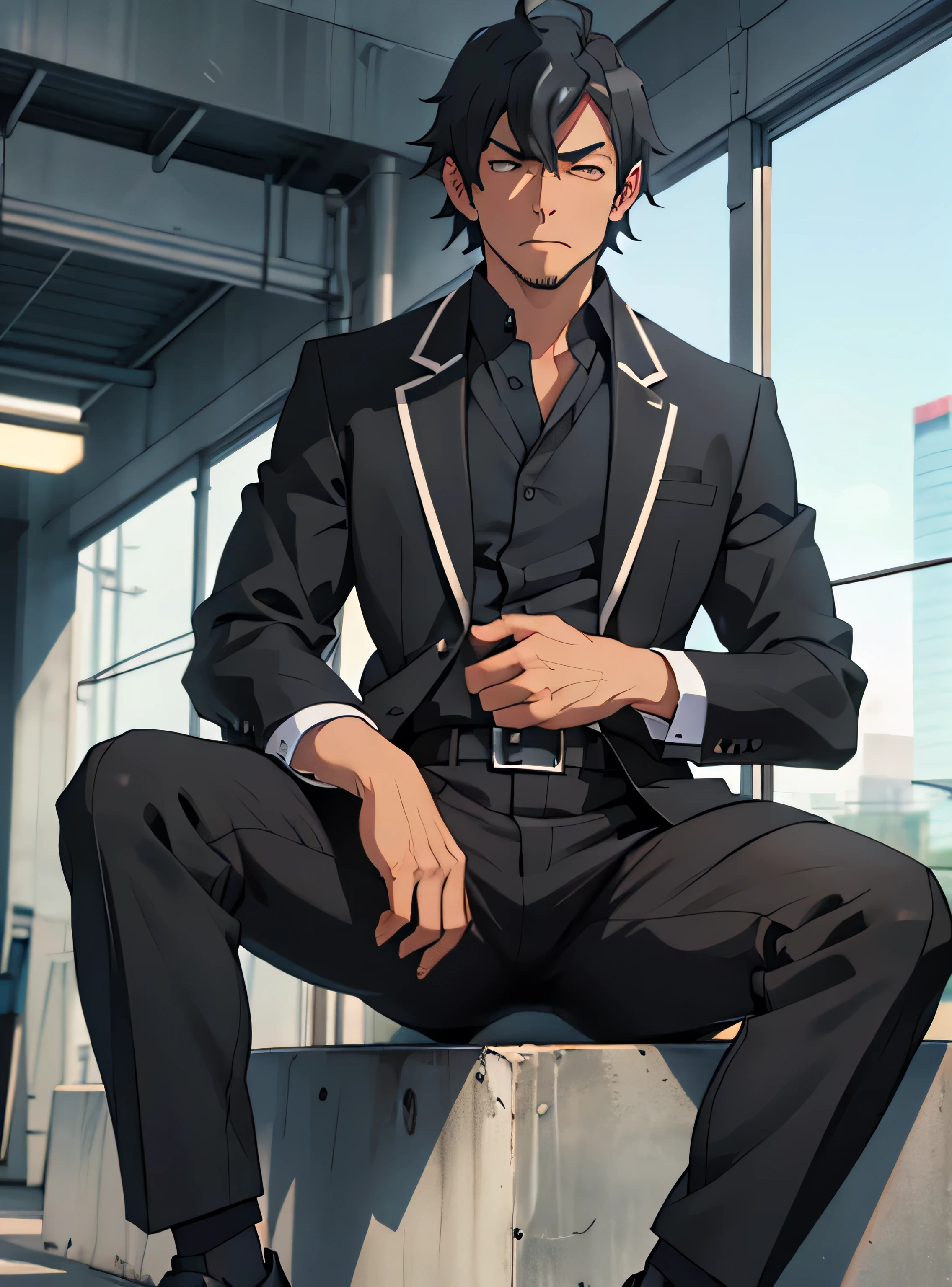 Age 30,father, Simple Black Single Suit ,  Sitting on the Ground  ,Spread your legs wider,black belt,Black socks,Black leather shoes, black tuxedo ,logic, Gay , black hair, Shorthair, thick eyebrows,Stubble, Lightly Set Your Hair with Wax , Hachiman Hachiman,Masculine,salaryman,Mob characters,Bad Actor , The crotch part of the pants is bulging, Erotic 3D Finish , Annoyed face,