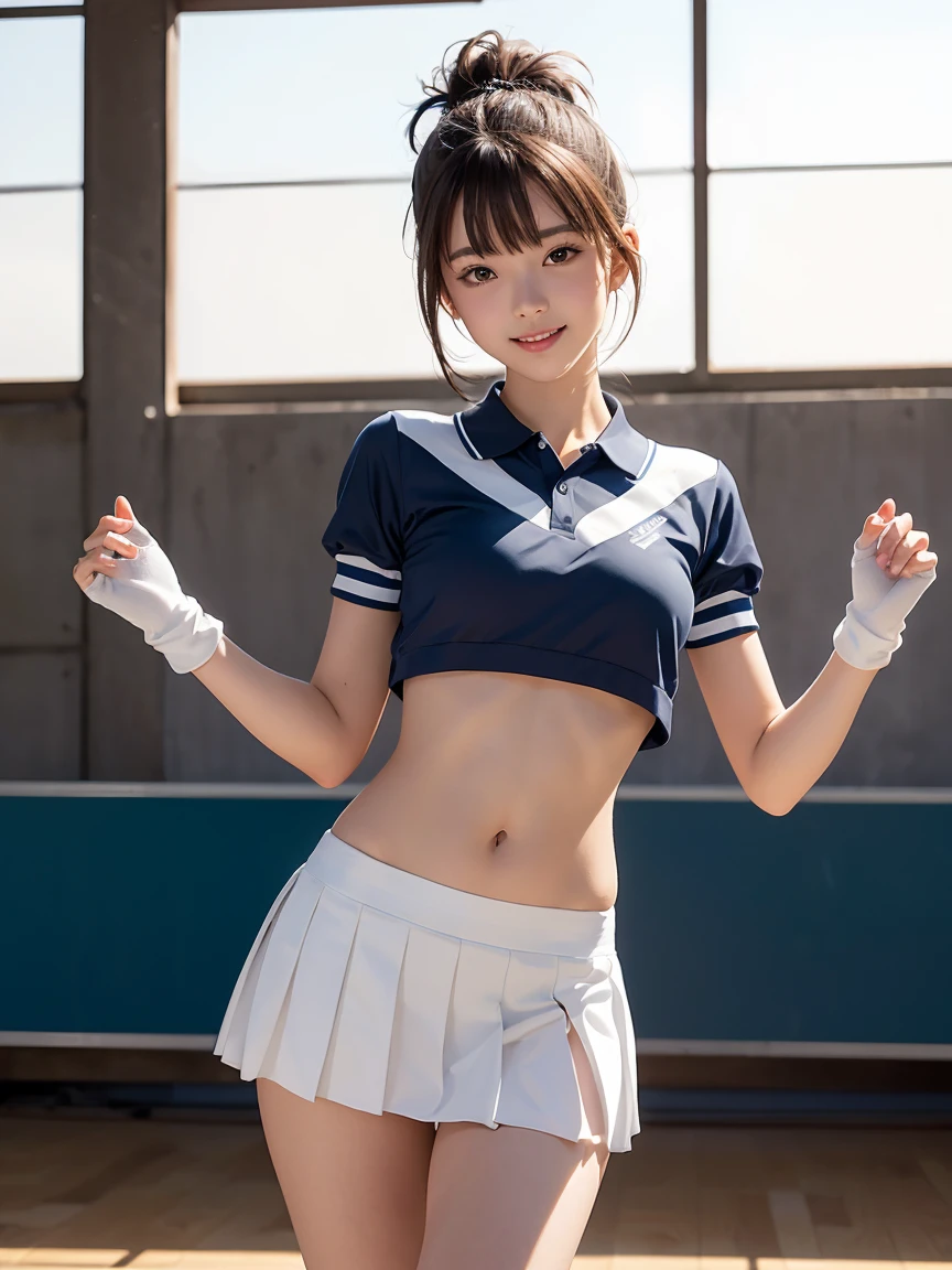top-quality、masterpiece、独奏、a beautiful Japanese schoolgirl、perfect bodies、17 age、Sexy schoolgirl uniform、Medium Boob、(((((underboob)))))、Lower breast、underboob、skinny、 (Sexy uniform with a slight view of the underside of the chest)、((Visible lower milk、Uniform with visible ribs and navel))、Purple tie、Super super super mini skirt with panties not visible 、Happy smile、((looking at the viewers))、Blushing、Oily skin