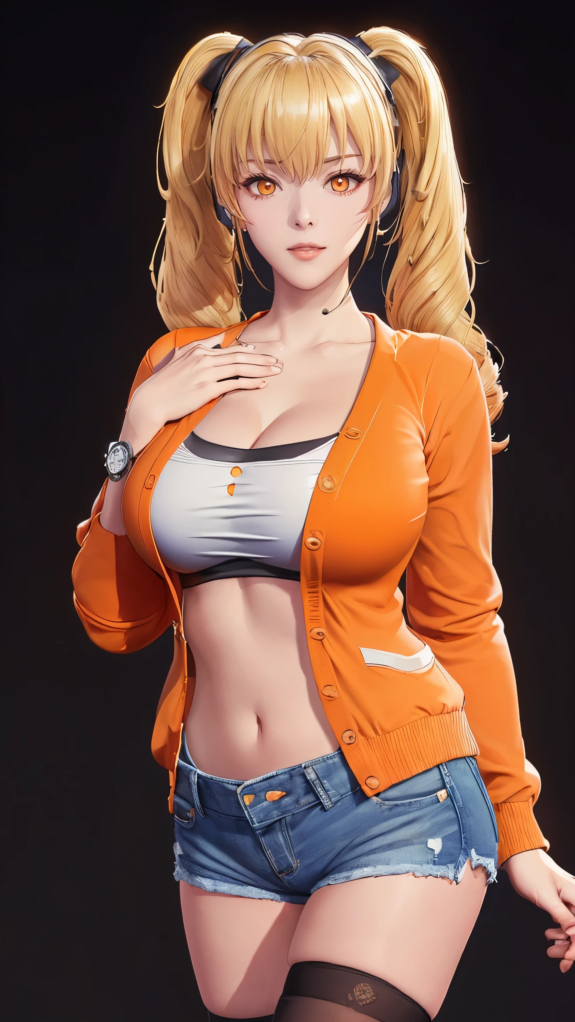 (（（figure，御姐figure,White and tender skin,（（（ orange cardigan jacket ， white open belly button top ， with a pair of big orange and black headphones hanging around my neck， blue denim shorts，Little black belt ， Black Stockings  ）））,(（（twintails, Blonde_hair, orange_eyes,））),，((masterpiece)), highres icon,((Best quality at best)),masterpiece,quality,Best quality,(（（  and watch the audience， is open to the audience,Light in the eyes，happy，lol）））， huge ，Night background）））