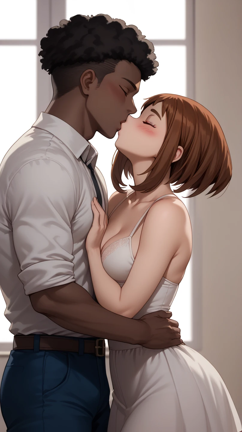 ((Highest quality)), ((masterpiece)), (detailed), (Perfect Face)、The woman is Princess Leona, naked with long light brown hair.、On a luxurious bed, a woman is embraced by a naked, dark-skinned black man, who is hugging her and kissing her happily.