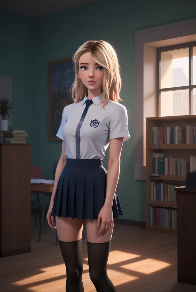 realistic, realism, photorealism, photo-realistic, high contrast, (photorealistic:1.4), (perfect female figure), 8k high definition detailed realistic, NSFW, (best quality, masterpiece:1.2),  photon mapping, radiosity, physically-based rendering, best quality, highly detailed, 1girl, sgwen, indoor, school, school uniforms, skirt