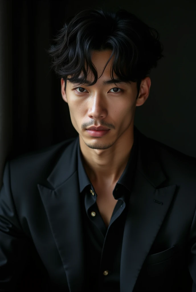 a man with beautiful detailed eyes, detailed facial features, perfect skin, handsome Japanese male R&B singer, sitting on a chair in a dark room, high quality, photorealistic, realistic, masterpiece, award-winning portrait photography, dramatic studio lighting, cinematic atmosphere, moody, elegant, sophisticated