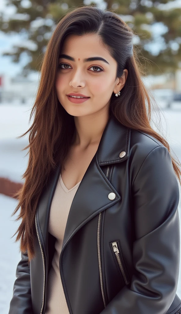 Young 28 year old Indian girl, posing in a photo shoot for an ad like a fashion model, wearing leather jacket and Pant, detailed body, detailed face, ultra realistic, charming, cute, big hazel eyes with long hair, ambient lighting, winter, detailed background, 8k,cinematic:1.3), intricate details, (ArtStation:1.2)undefined, 