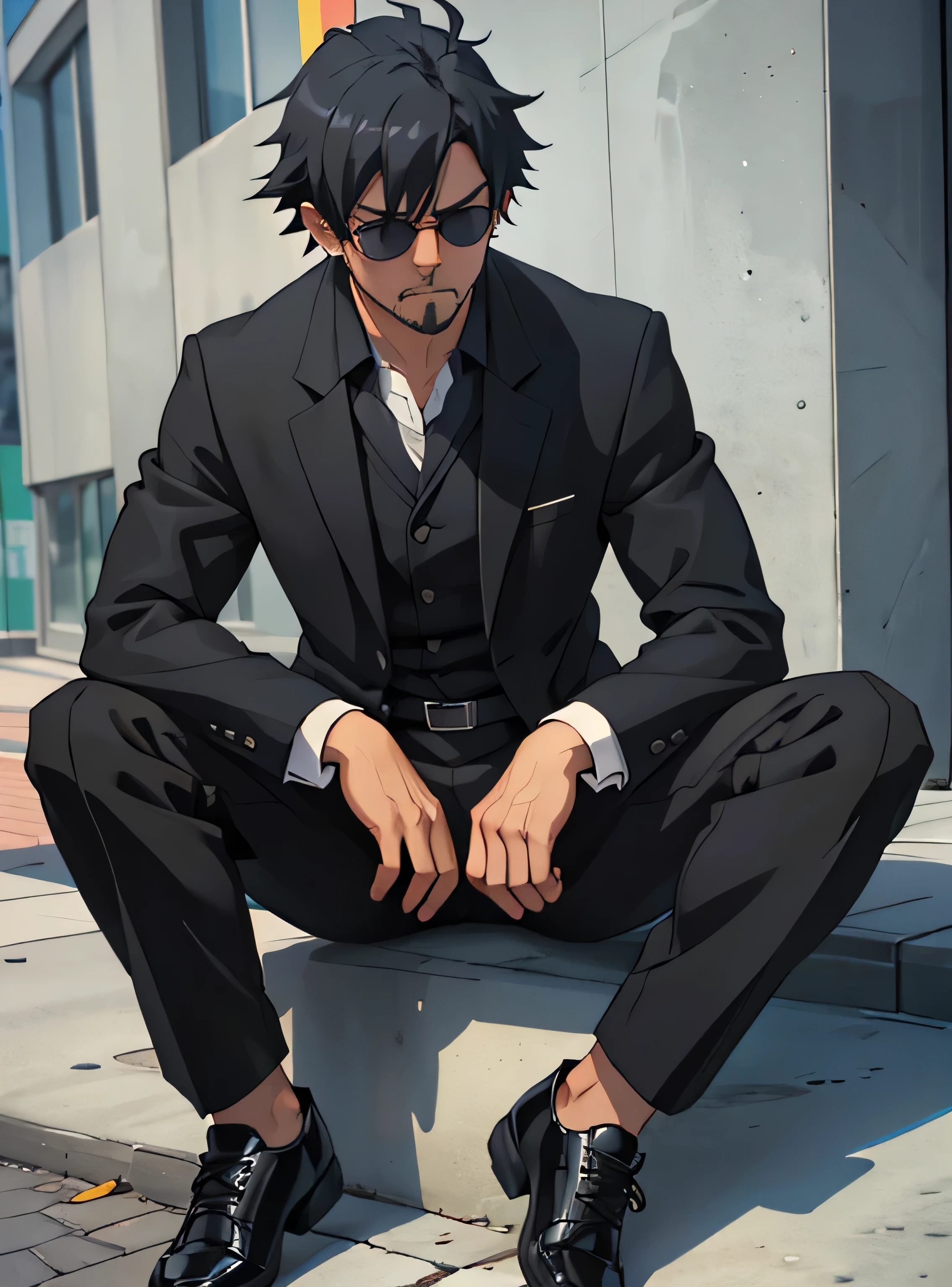 Age 30,father, Simple Black Single Suit ,  Sitting on the Ground  ,Spread your legs wider,black belt,Black socks,Black leather shoes, black tuxedo ,logic, Gay , black hair, Shorthair, thick eyebrows,Stubble, Lightly Set Your Hair with Wax , Hachiman Hachiman,Masculine,salaryman,Mob characters,Bad Actor , The crotch part of the pants is bulging, Erotic 3D Finish , Annoyed face, black sunglasses that don't depict me