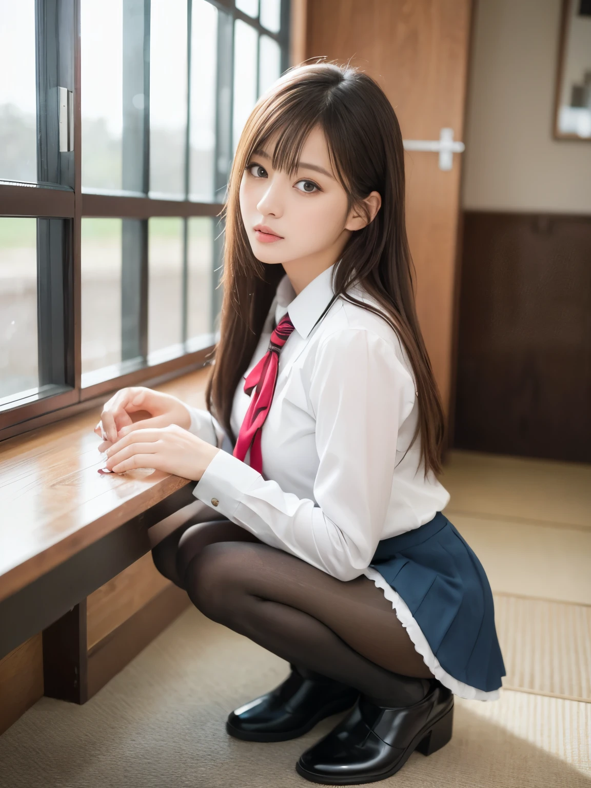 ulzzang-6500-v1.1, (raw photo:1.2), (photorealistic:1.4), beautiful detailed girl, very detailed eyes and face, beautiful detailed eyes, ridiculous, incredibly ridiculous, huge file size, super detailed, high resolution, very detailed, best quality, masterpiece, kemomimi, ((Japanese girls' high school uniform)), illustration, very detailed, CG, unified, 8k wallpaper, amazing, Fine details, masterpiece, best quality, very detailed CG uniform 8k wallpaper, light on face, cinematic lighting, 1girl, , ((no panties)), ((dynamic pose))), (camel toe), (half), (pantyhose), (knee-bending leg sitting))