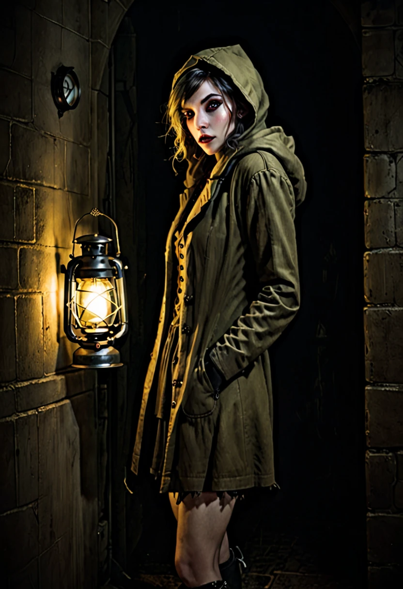 realistic, Charlie Bowater style, vampire, ugly woman, left eye swollen shut, pockmarked skin, overlong fingers, yellowish eyes, no breasts, old coat with hood, miniskirt (faded and frayed), combat boots, stands in a dark corner away from a lantern in the shadows and watches, night