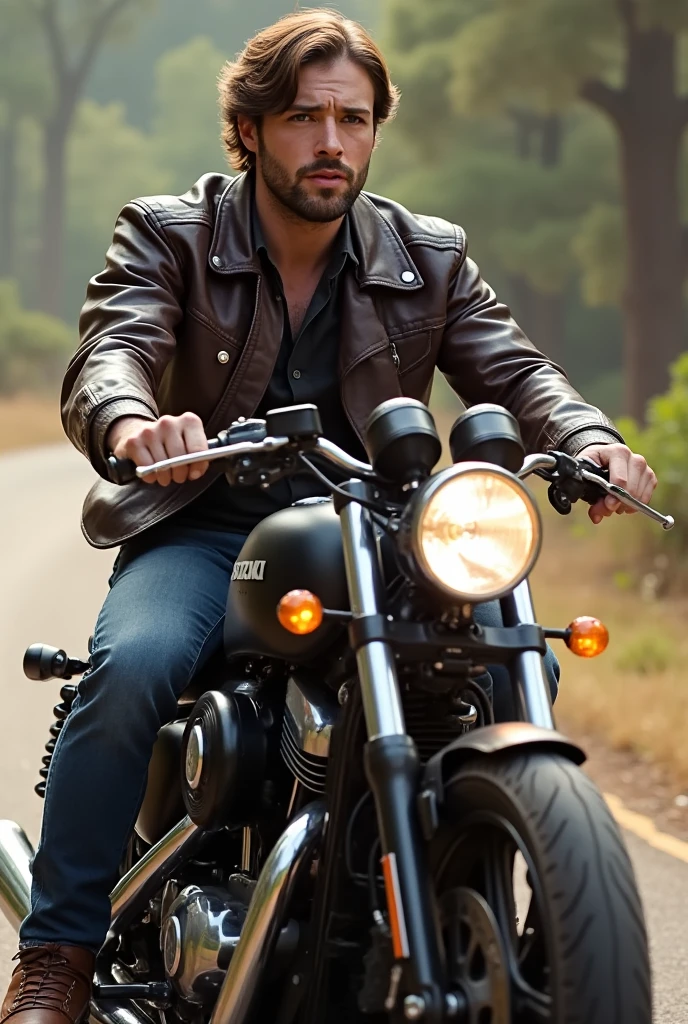 1 real man ,  brown hair, blouson cuir,  motorcycle Suzuki black, Résolution Haute, 