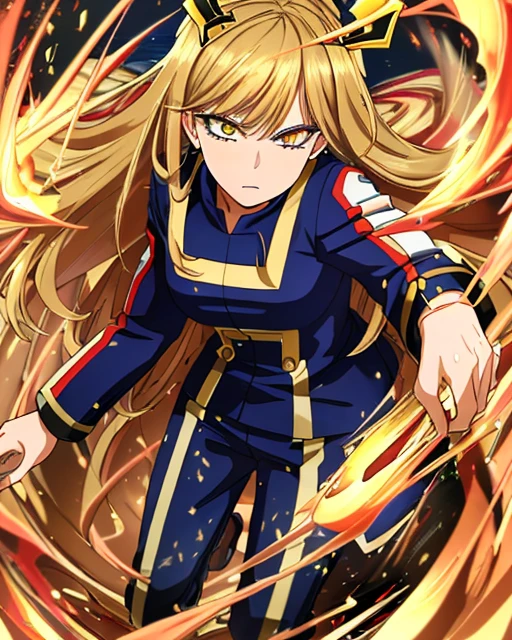 (( better quality)), (( Very detailed )),  masterpiece,  extremely detailed face,  beautiful face, ( detailed eyes,   deep eyes ), (1fille), whole body, mon_hero_academia_gym_uniform, uniform bleuee, pants, (hellhound), peau clair, long straight hair, black with gold wick , golden eyes, ((yeux brillants)), 