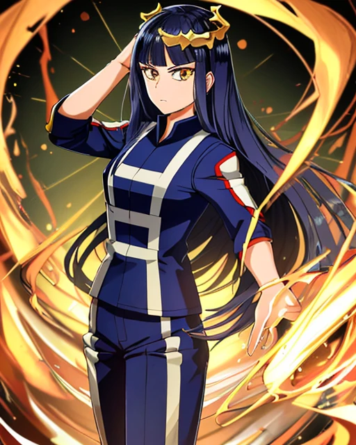 (( better quality)), (( Very detailed )),  masterpiece,  extremely detailed face,  beautiful face, ( detailed eyes,   deep eyes ), (1fille), whole body, mon_hero_academia_gym_uniform, uniform bleuee, pants, (hellhound), peau clair, long straight hair, black with gold wick , golden eyes, ((yeux brillants)), 