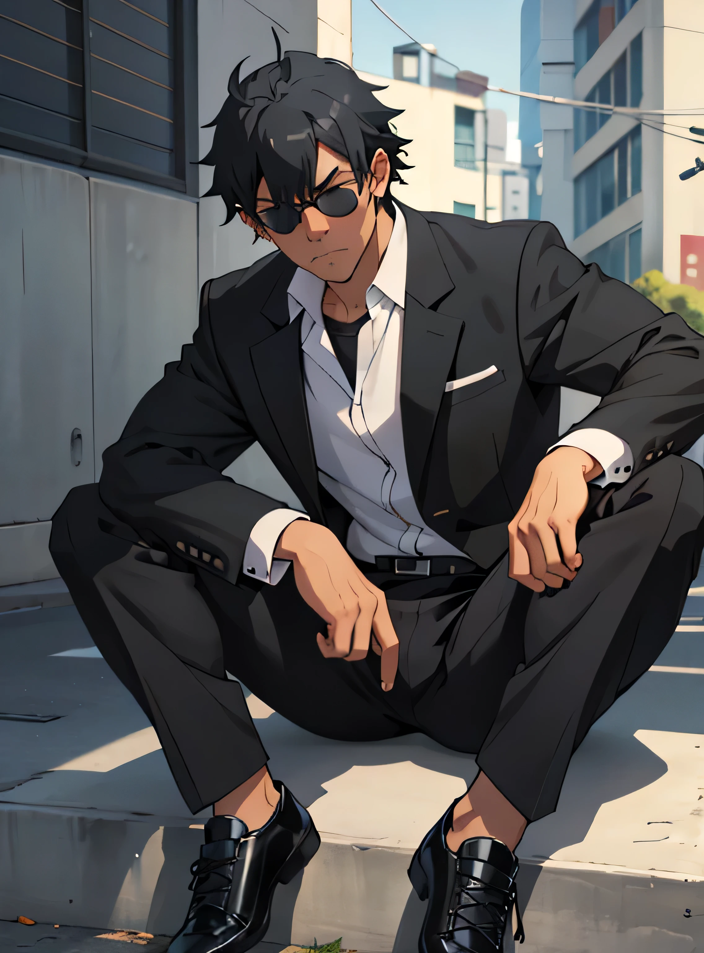 Age 30,father, Simple Black Single Suit ,  Sitting on the Ground  ,Spread your legs wider,black belt,Black socks,Black leather shoes, black tuxedo ,logic, Gay , black hair, Shorthair, thick eyebrows,Stubble, Lightly Set Your Hair with Wax , Hachiman Hachiman,Masculine,salaryman,Mob characters,Bad Actor , The crotch part of the pants is bulging, Erotic 3D Finish , Annoyed face, black sunglasses that don't depict me