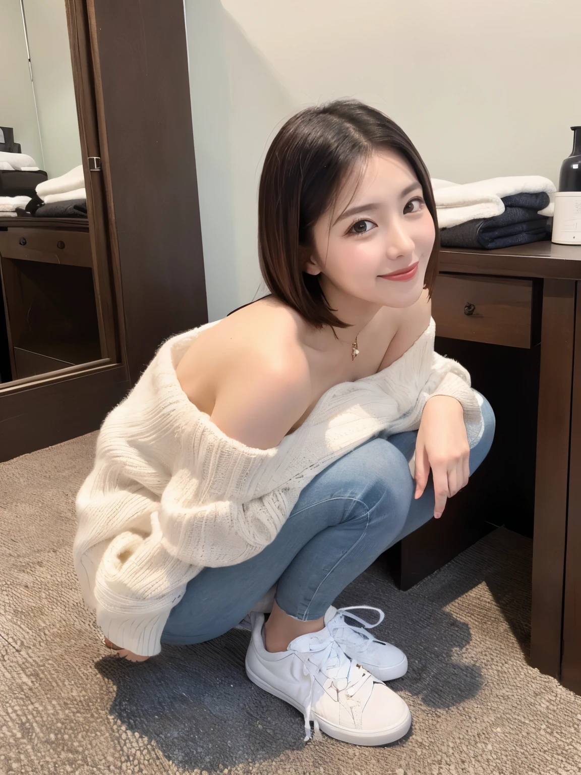 ((highest quality)), ((masterpiece)),  perfect face、A neat and beautiful woman sitting on the bed in the room、black hair、long sleeve blouse、skinny denim、barefoot、not wearing shoes、smile、smile showing teeth、ear piercing、looking at camera、full body photo、dig one&#39;s nails into one&#39;s toes