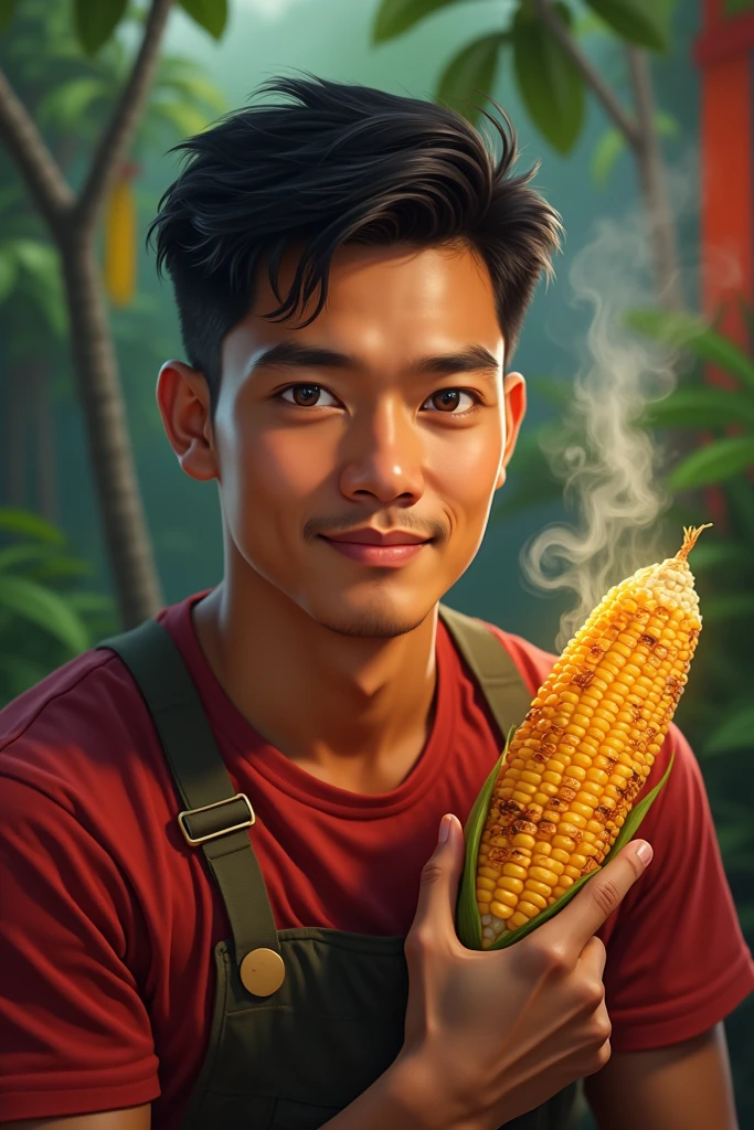 Male, boy, Peru flag, background, protecting the corn, corn bodies with eyes and smile, Peru flag, 

