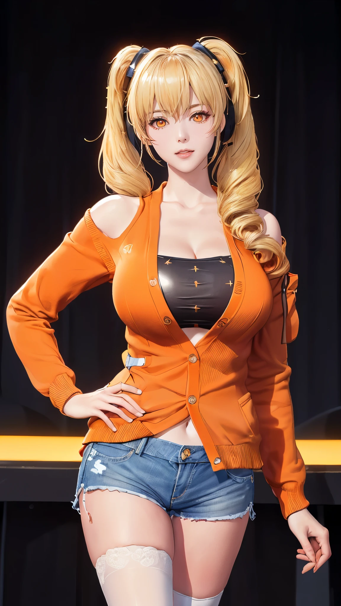 (（（figure，御姐figure,White and tender skin,（（（ orange cardigan jacket ， white open belly button top ， wearing a pair of big orange and black headphones， blue denim shorts，Little black belt ， Black Stockings  ）））,(（（twintails, Blonde_hair, orange_eyes,））),，((masterpiece)), highres icon,((Best quality at best)),masterpiece,quality,Best quality,(（（  and watch the audience， is open to the audience,Light in the eyes，happy，lol）））， huge ，One hand held high over the shoulder ， One hand sagging naturally ，Night background）））