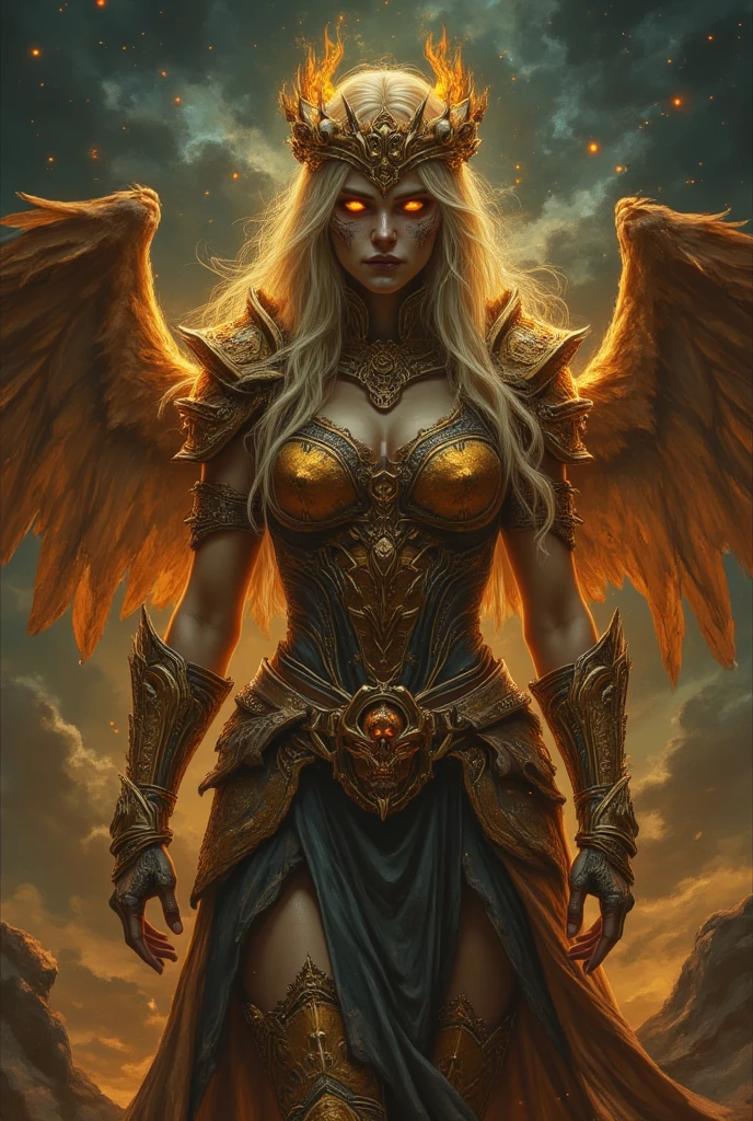 " Create a detailed illustration of a female warrior with a ghostly appearance and yellow eyes penetrating.  Her face is painted like a skull ,  and wears ornamented armor with intricate details .  She has wings of fire extended and her hair is long and blond , adorned with a crown of skulls .  The background must be a starry sky with a mix of warm and cold tones ,  creating a mystical and dark environment .  The woman must convey a sense of power and mystery ,  with an imposing and decisive posture ."