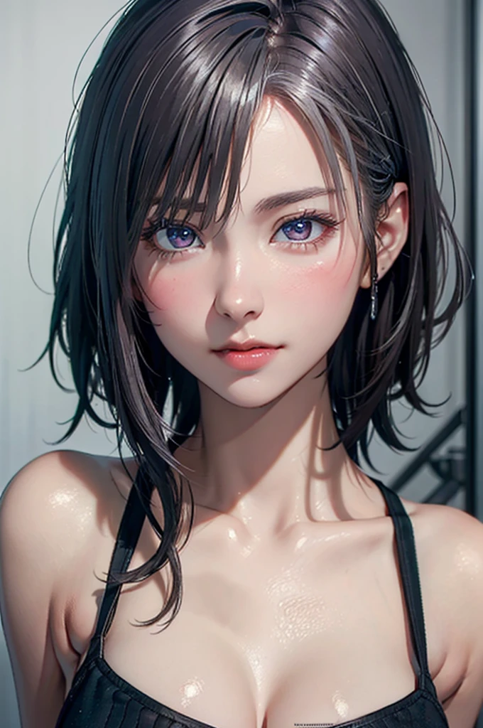 best quality, ultra high res, (((Very detailed face)))), ((Very detailed eyes and face)))), Beautiful detail eyes, (photorealistic:1.4), 1girl, crop-top shirt, black choker, (faded ash gray hair:1), (huge breasts:1.2),full body portrait, looking at viewer, closeup ,