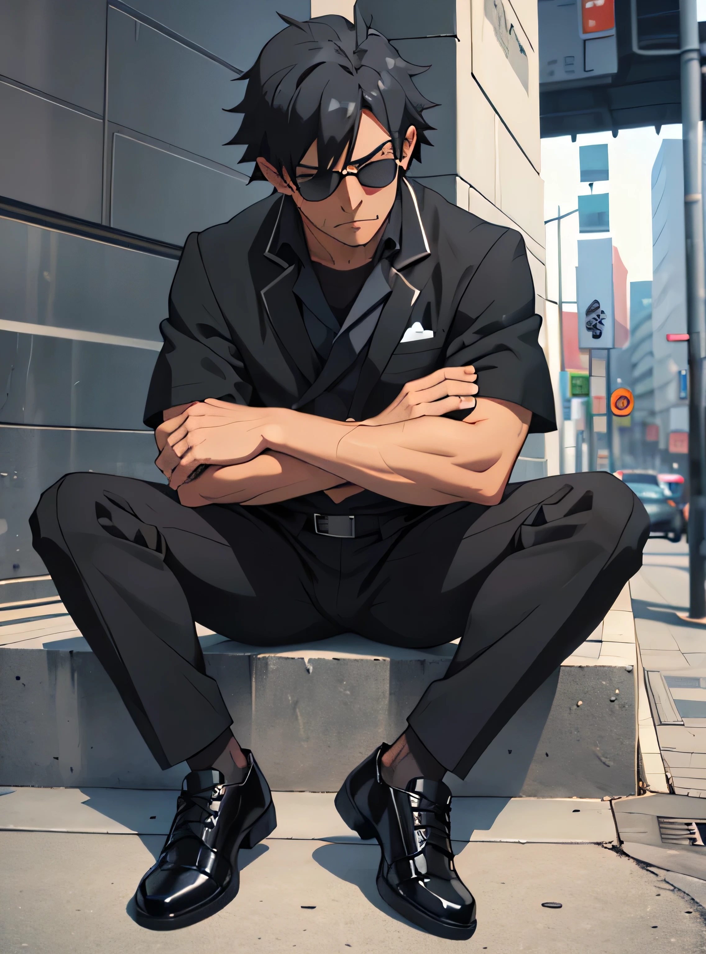 Age 30,father, Simple Black Single Suit ,  Sitting on the Ground  ,Spread your legs wider,black belt,Black socks,Black leather shoes, black tuxedo ,logic, Gay , black hair, Shorthair, thick eyebrows,Stubble, Lightly Set Your Hair with Wax , Hachiman Hachiman,Masculine,salaryman,Mob characters,Bad Actor , The crotch part of the pants is bulging, Erotic 3D Finish , Annoyed face, black sunglasses that don't depict me