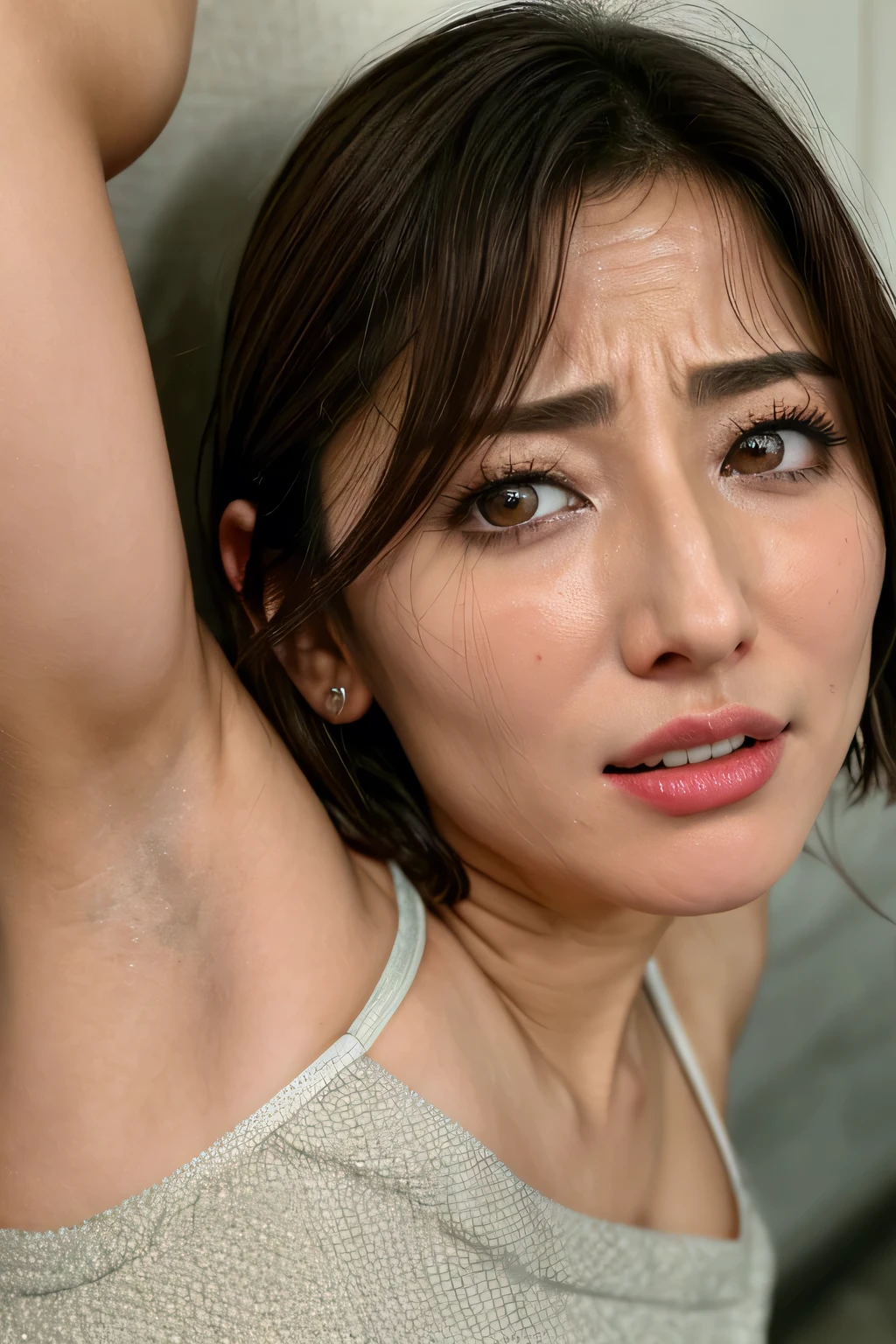   beautiful Japanese actress , 1 girl,Flying debris,,Award-winning photo,  very detailed,  Keep Your Eyes Focused , Nose and mouth, face focus,  face putting an egg in the back of the throat、 Age 35, brown hair、Symmetrical face, Insulated、angle from below、Extended C-shaped nostrils ,(Sharp Nose)Sweaty skin、oily skin,(Brow wrinkles))（Cum on tongue)、(( thin eyebrows)) oily skin 、 growing skin that does not depict the nasal cavity、 double eyelids、、 Beautiful Women、 Medium Hair 、 short cut 、 tank top ,I can see the sky 、 Shibuya Center Street 、((( show your side,throw))), raised eyebrows , (((Hold your mouth, Frowning, Crazy, Frowning))), textured skin,Long upper arms,((Cry with your eyes open, , Drunk, The face of durability))Squat, Big Breasts ,((Always hold your arms up and show both sides))((Long arms,Frowningをする,Smelling , Annoying ,  sad, sleepy, Frowning, The face of endurance))medium_breasts