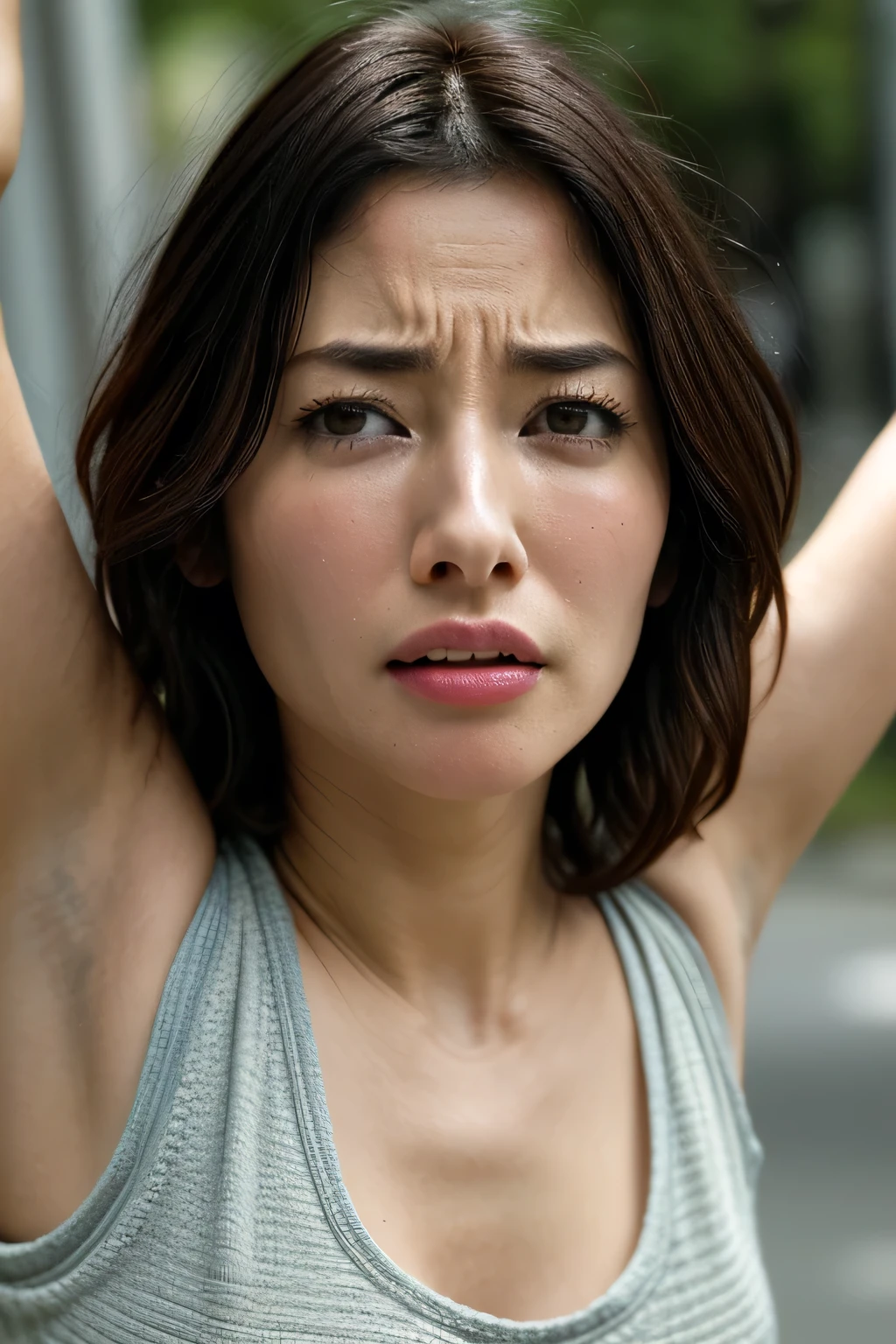 beautiful Japanese actress , 1 girl,Flying debris,,Award-winning photo, very detailed, Keep Your Eyes Focused , Nose and mouth, face focus, face putting an egg in the back of the throat、 Age 35, brown hair、Symmetrical face, Insulated、angle from below、Extended C-shaped nostrils ,(Sharp Nose)Sweaty skin、oily skin,(Brow wrinkles))(Cum on tongue)、(( thin eyebrows)) oily skin 、 growing skin that does not depict the nasal cavity、 double eyelids、、 Beautiful Women、 Medium Hair 、 short cut 、 tank top ,I can see the sky 、 Shibuya Center Street 、((( show your side,throw))), raised eyebrows , (((Hold your mouth, Frowning, Crazy, Frowning))), textured skin,Long upper arms,((Cry with your eyes open, , Drunk, The face of durability))Squat, Big Breasts ,((Always hold your arms up and show both sides))((Long arms,Frowningをする,Smelling , Annoying , sad, sleepy, Frowning, The face of endurance))