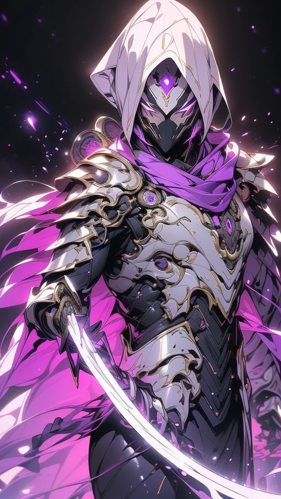  surrenders, hyper realistic,  super detailed, ( cyber samurai with purple sword ,  1 boy , ((Alone)), (紫の剣を持つ) , (alert posture) ,  wearing fuchsia armor and mask, Cape, Shineing beautiful purple eyes, Shine:1.3) (Shineing simple black background:1.25),