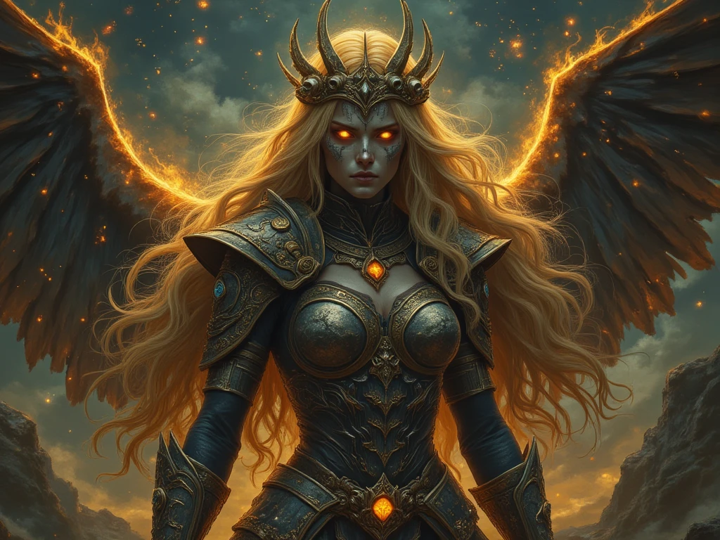 " Create a detailed illustration of a female warrior with a ghostly appearance and yellow eyes penetrating.  Her face is painted like a skull ,  and wears ornamented armor with intricate details .  She has wings of fire extended and her hair is long and blond , adorned with a crown of skulls .  The background must be a starry sky with a mix of warm and cold tones ,  creating a mystical and dark environment .  The woman must convey a sense of power and mystery ,  with an imposing and decisive posture ."