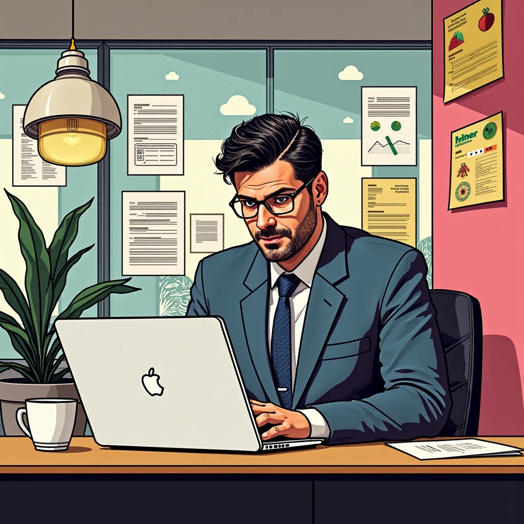 A comic-style pop-art illustration of a professional GM42 manager sitting at a desk in a modern office, focused on a MacBook Pro. The GM42 man has a Clean shaven, no beard or cheekbones, wears a sharp blue suit with a tie, and glasses, exuding confidence and competence. The workspace is vibrant and organized, with colorful charts, job postings, and documents pinned to a glass wall behind him. A potted plant adds a touch of greenery, and a coffee cup sits on the desk next to the laptop. The lighting is bright and cheerful, emphasizing productivity and creativity in a visually appealing pop-art style.