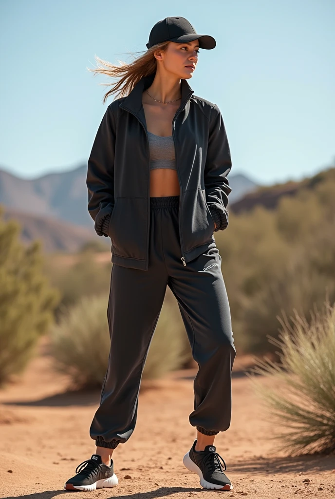 Full body image from head to toe of a woman who is not fat, with light caramel-colored brown skin, straight black hair in short leggings that are long from the waist to the knees, exactly purple in color, and a white flannel shirt , The image must show the entire body from head to toe 