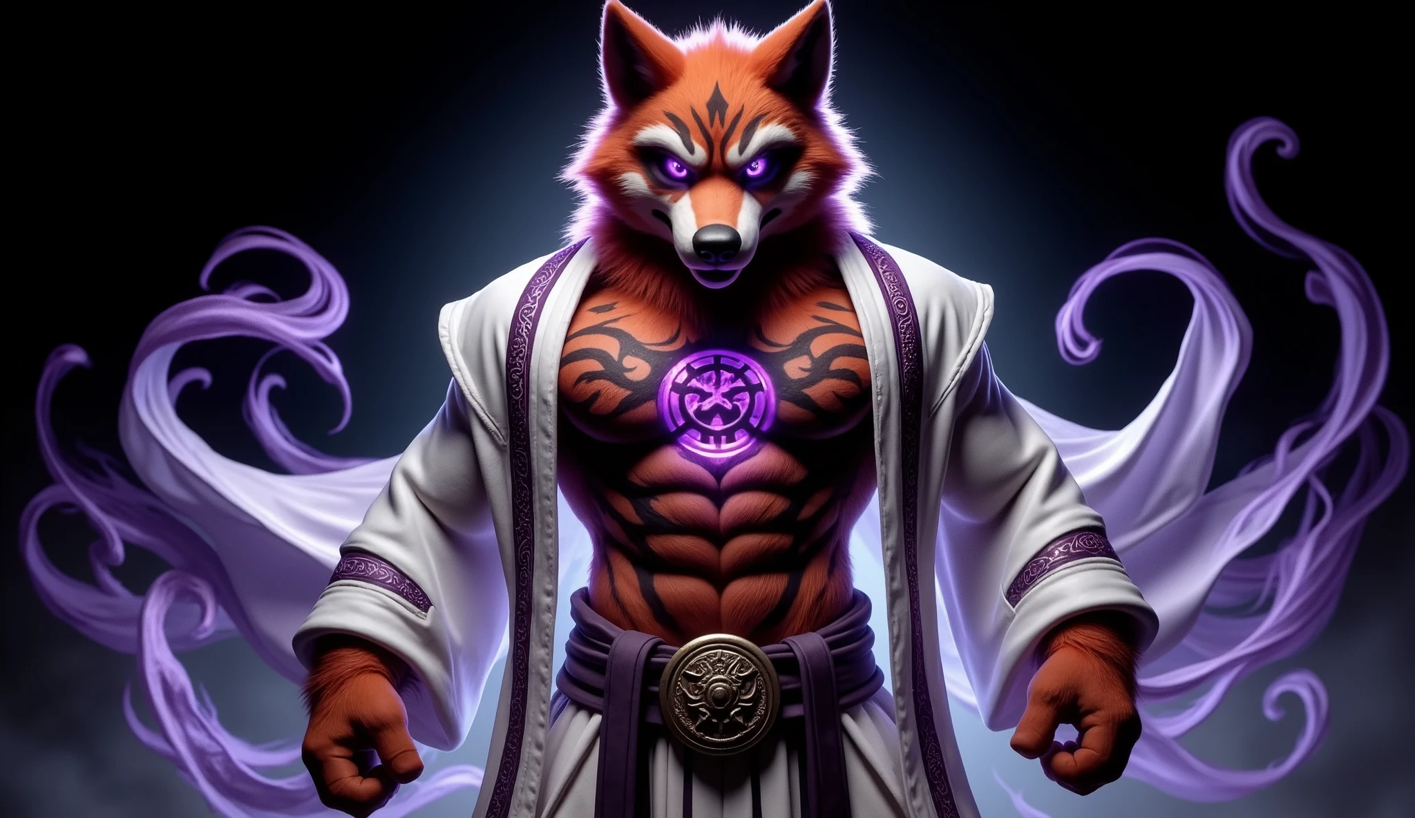 O.Fursuit werewolf male, muscular, adult, inspired by Orochi from KOF '97. Vibrant red fur with subtle darker markings characteristic of a raccoon, intense purple eyes with a mystical glow. Dressed in flowing white and purple robes adorned with intricate, ancient patterns. A dark, detailed tattoo of a mystical symbol is visible on the chest or abdomen, glowing softly with an otherworldly energy. The character stands in a dramatic and imposing pose, surrounded by a dark, ethereal aura, emanating a powerful and menacing presence.