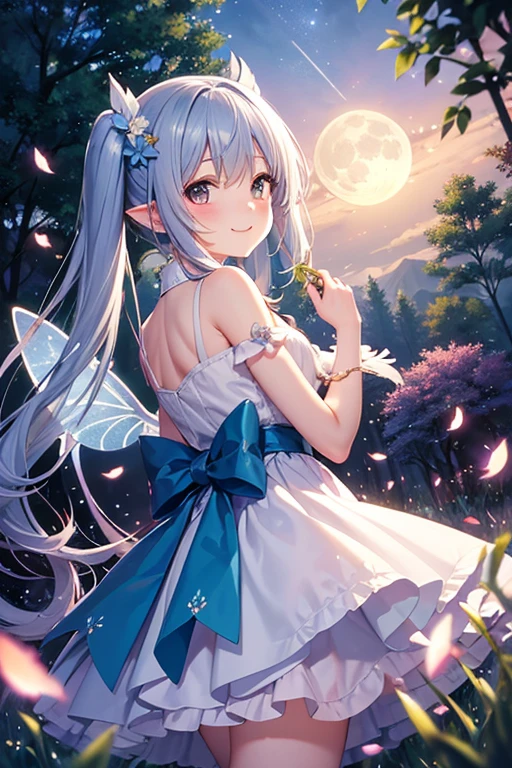 In the magical forest, Mysterious fairy girl appears, Light blue long hair、  twin tails、Adorable smile、The moonlight shines brightly. Her skirt, Woven with petals and stardust, rainbow, Flowers and trees々々 Flapping wings among glowing fireflies  ,  a wonderful symphony of nature echoes&#39;Whisper.,  Creating a place where dreams and reality intersect ，Dance a dance of pure charm.背後に大きなrainbowがかかっている