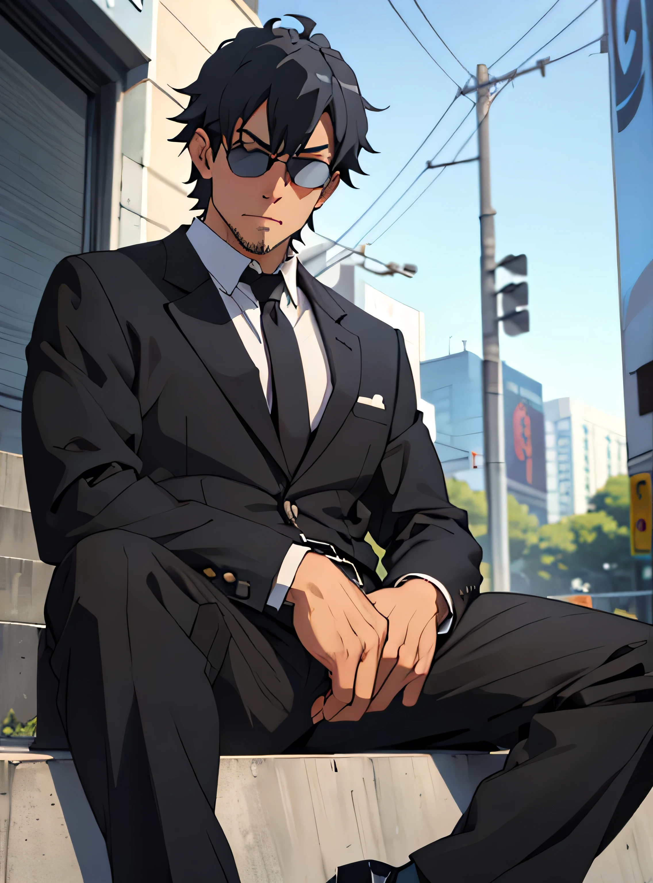 Age 30,father, Simple Black Single Suit ,  Sitting on the Ground  ,Spread your legs wider,black belt,Black socks,Black leather shoes, black tuxedo ,logic, Gay , black hair, Shorthair, thick eyebrows,Stubble, Lightly Set Your Hair with Wax , Hachiman Hachiman,Masculine,salaryman,Mob characters,Bad Actor , The crotch part of the pants is bulging, Erotic 3D Finish , Annoyed face, black sunglasses that don't depict me